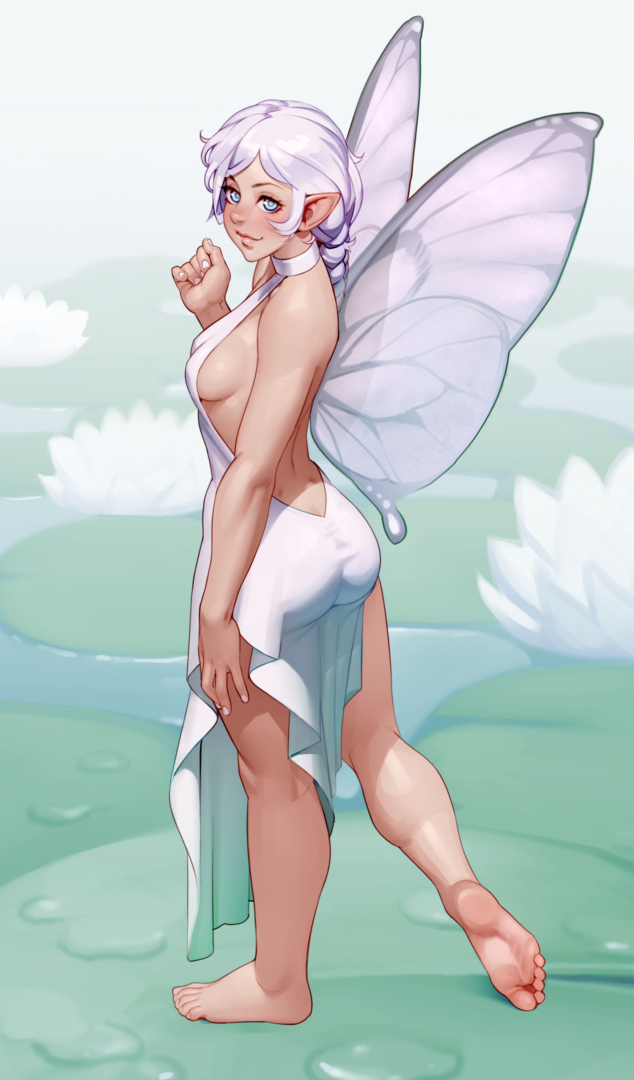 ass, barefoot, breasts, cleavage, fairy, feet, female, female only, kairuhentai, kairunoburogu, looking at viewer, looking back, pointy ears, silver hair, soles, solo, toes, white hair, wings