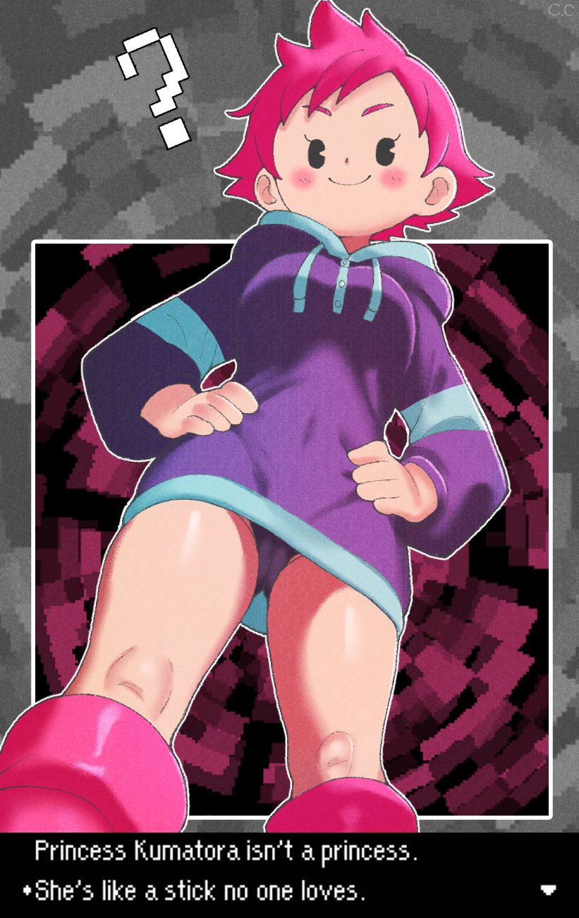 ?, 1girls, 2024, 2024s, 2d, 2d (artwork), 2d artwork, absurd res, absurdres, ass visible through thighs, bare legs, black eyes, black panties, blush, boots, breasts, butt visible through thighs, camel toe, cameltoe, champchidi, closed mouth, clothed, clothed female, clothing, covered navel, digital art, digital drawing, digital drawing (artwork), digital media, digital media (artwork), digital painting, digital painting (artwork), dress, earthbound, earthbound (series), english, english text, exclamation point, female, female focus, female only, from below, hands on hips, hands on own hips, hi res, highres, hood, hooded dress, hoodie, human, human female, knees, kumatora, long sleeves, looking at viewer, looking down, medium breasts, mother (series), mother 3, nintendo, outdoors, outside border, pac-man eyes, panties, pie cut eyes, pink eyebrows, pink footwear, pink hair, pink shoes, pink short hair, purple hoodie, purple panties, purple underwear, pussy, pussy visible through clothes, question mark, quiff, shirt, short hair, shorts, small breasts, smile, smiling at viewer, solo, solo female, solo focus, speech bubble, striped clothes, text, thighs, tomboy, underwear, upskirt, video games