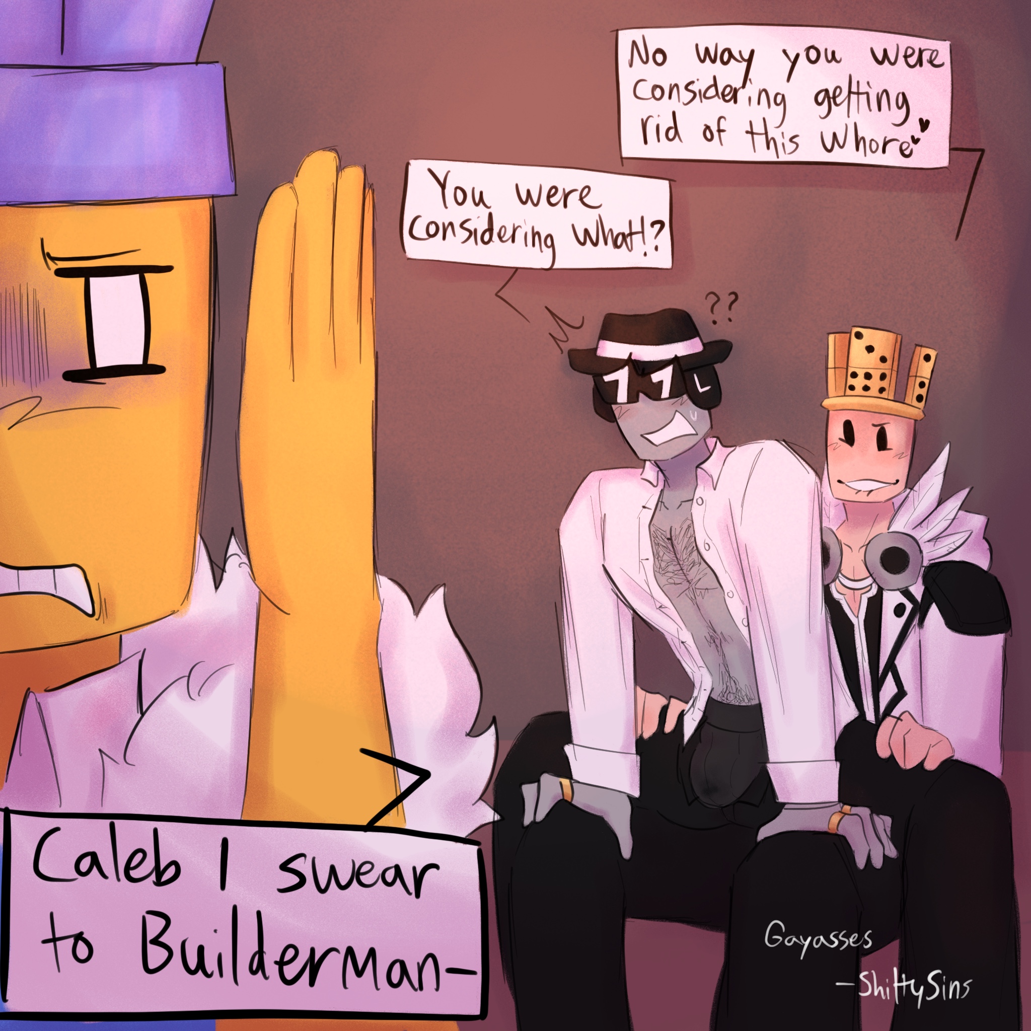 caleb244, chance (forsaken), clothed, clothes, clothing, color, colored, colour, coloured, disgust, disgusted, drawing, dress shirt, english text, forsaken (roblox), grey body, hairy chest, hat, itrapped, itrapped (forsaken), may madness 2012, open shirt, roblox, roblox game, robloxian, self upload, shittysins, sitting, sitting on lap, sitting on person, sunglasses, text, yellow body