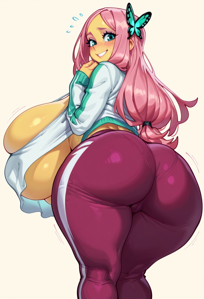 2d, ai generated, ass, ass focus, breasts, colored skin, curvaceous, curvy, curvy female, curvy figure, female, fluttershy (eg), fluttershy (mlp), gravure soraka, huge ass, huge breasts, massive ass, massive breasts, my little pony, pink hair, tagme, tank top, underboob, yoga pants