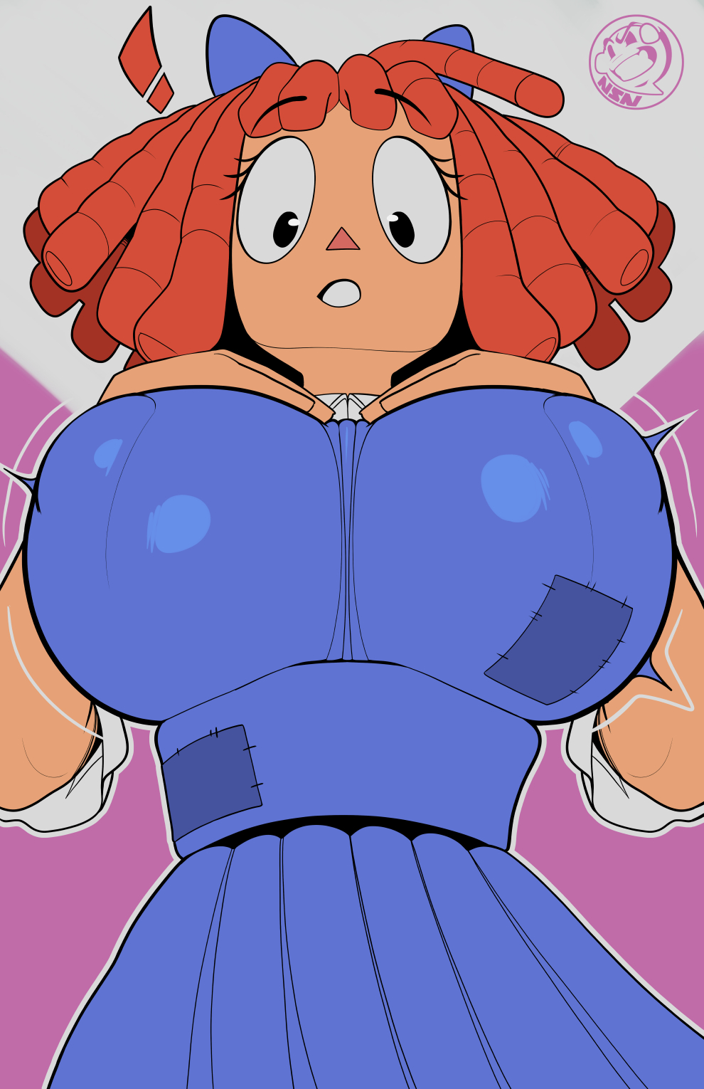 1girls, big breasts, breasts, busty female, clothing, doll, dress, female, female only, glitch productions, head bow, huge breasts, neozoa, nipple bulge, nz naughty, ragatha (the amazing digital circus), red hair, solo, the amazing digital circus