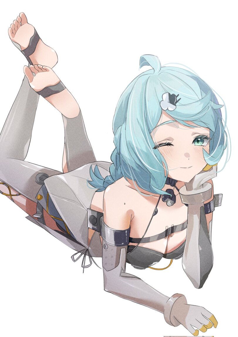 blue hair, breasts, feet, female, first porn of character, gaohuang43450, petite, seed (zenless zone zero), small breasts, smile, soles, stirrup legwear, wink, winking at viewer, zenless zone zero
