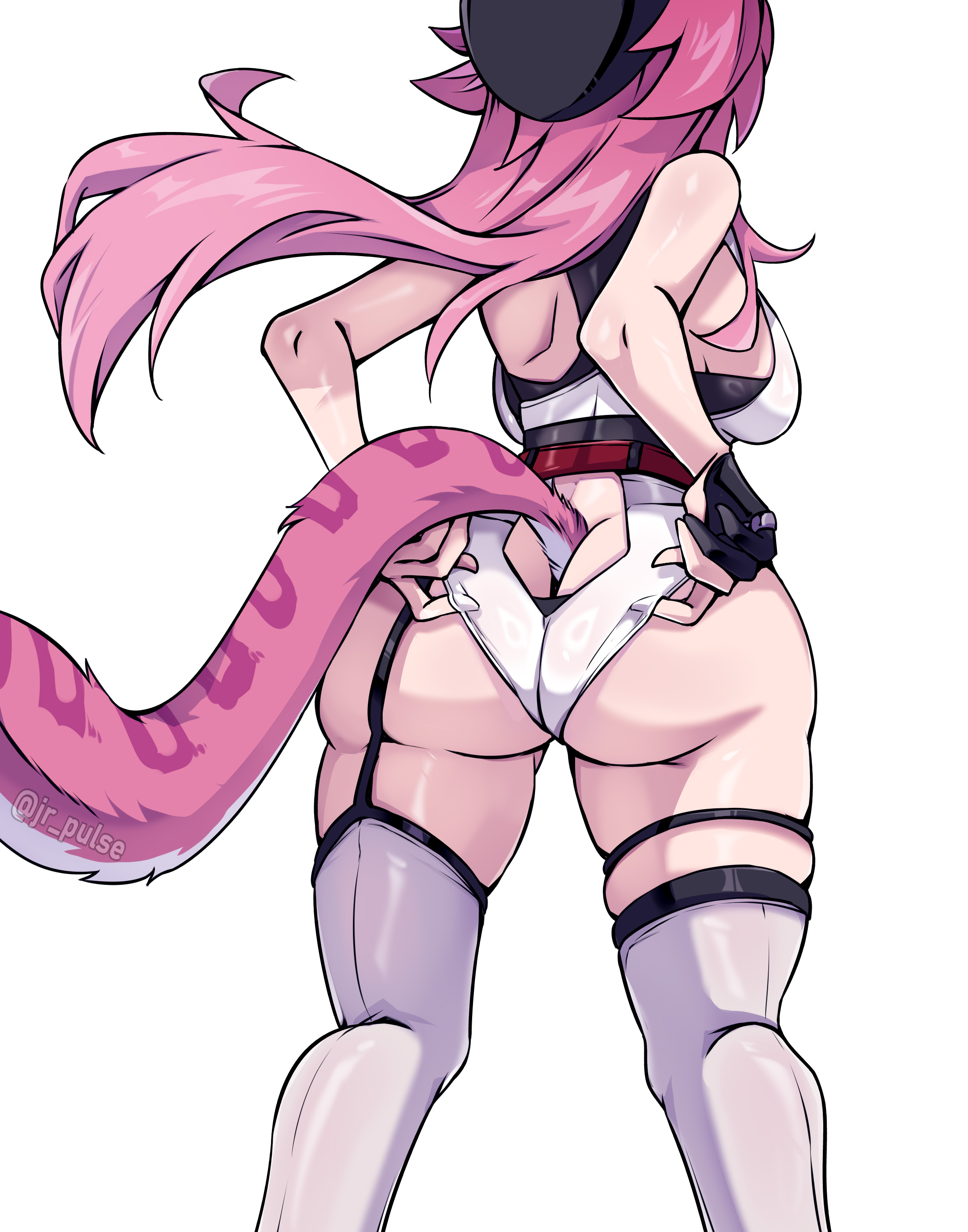 absurdres, adjusting clothes, adjusting shorts, animal ears, artist name, ass, back, bare shoulders, beret, black garter straps, black gloves, black hat, breasts, commentary, english commentary, female, from behind, garter straps, gloves, half gloves, hat, highres, hololive, hololive english, hololive english -justice-, jewelry, jrpuls3, large breasts, long hair, panther ears, panther girl, panther tail, pink hair, raora panthera, raora panthera (1st costume), ring, shirt, shorts, shoulder blades, simple background, single glove, single half glove, skindentation, solo, tail, thigh strap, thighhighs, thighs, virtual youtuber, white background, white shirt, white shorts, white thighhighs