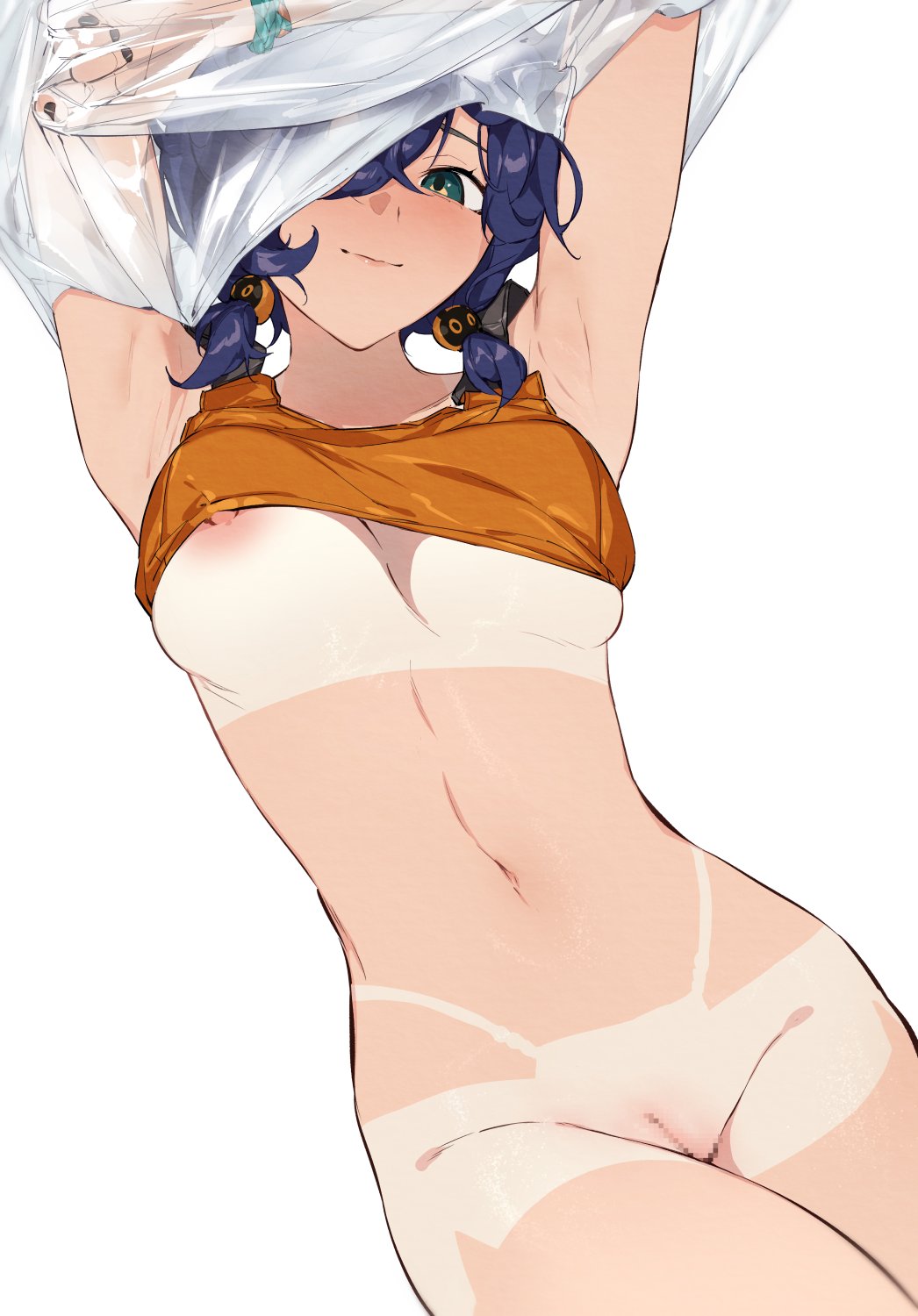 1girls, areolae, armpits, belle (summer skies) (zenless zone zero), belle (zenless zone zero), belly, big breasts, black nails, blue hair, bra, bra lift, bracelet, breasts, censored, dutch angle, exposed armpits, female, female focus, female only, hair over one eye, hairless pussy, hands up, hips, light skin, light-skinned female, looking at viewer, medium breasts, mosaic censoring, nail polish, nashidrop, navel, nipple slip, nipples, no panties, official alternate costume, pointless censoring, pussy, removing clothing, removing shirt, san p.dro, shaved pussy, shirt up, short hair, short twintails, smile, solo, solo female, solo focus, stomach, tan body, tan skin, tan-skinned female, tanline, tanlines, tanned, tanned skin, topwear, topwear lift, turquoise eyes, vagina, waist, white background, zenless zone zero