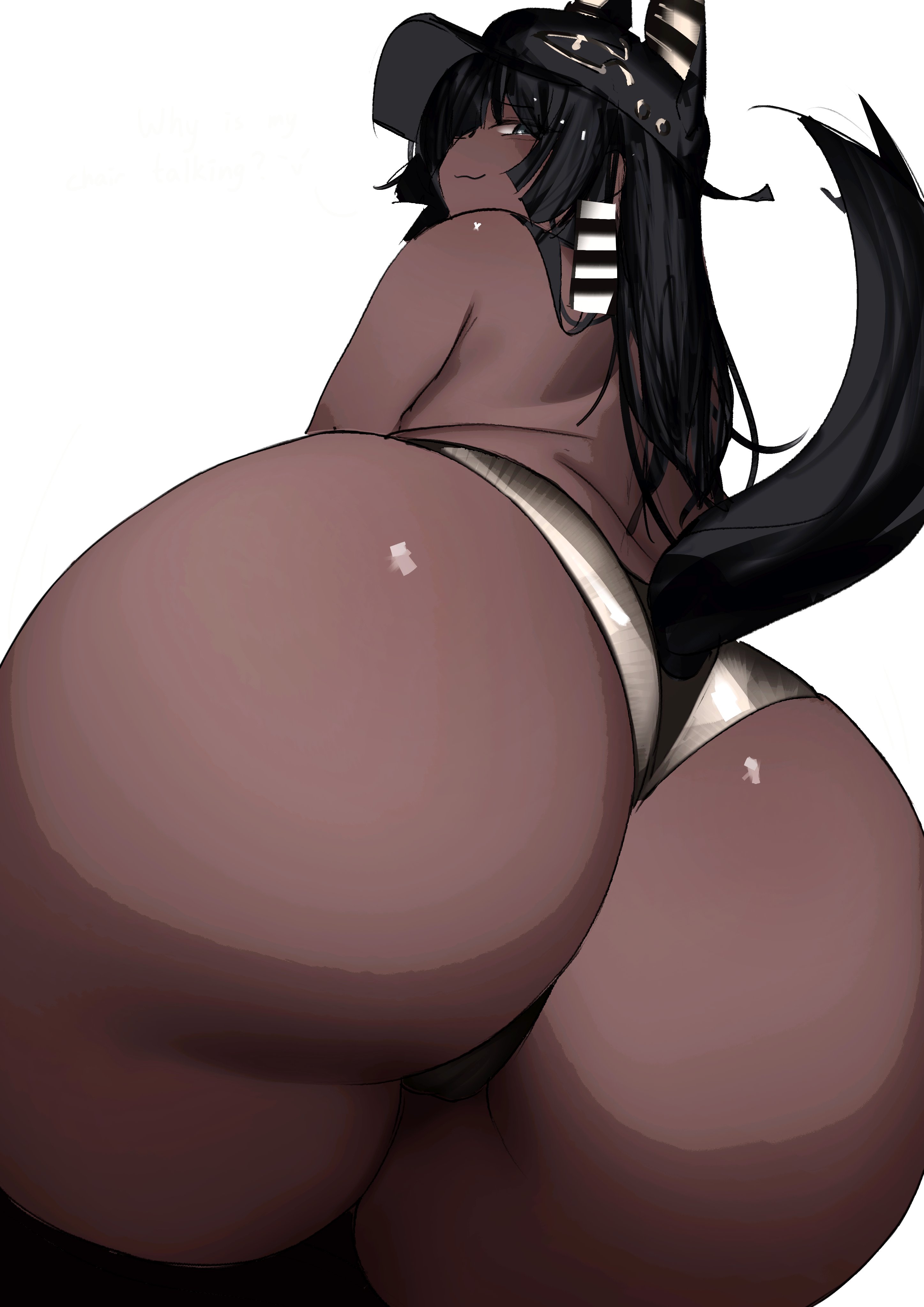 1girls, animal ears, ass, big ass, black hair, cameltoe, curvy, dark skin, dark-skinned female, fat ass, female, female only, greedice, highres, huge ass, large ass, looking at viewer, looking back, original, panties, saitias (greedice), simple background, solo, solo female, tail, thick, underwear, voluptuous, white background, wide hips