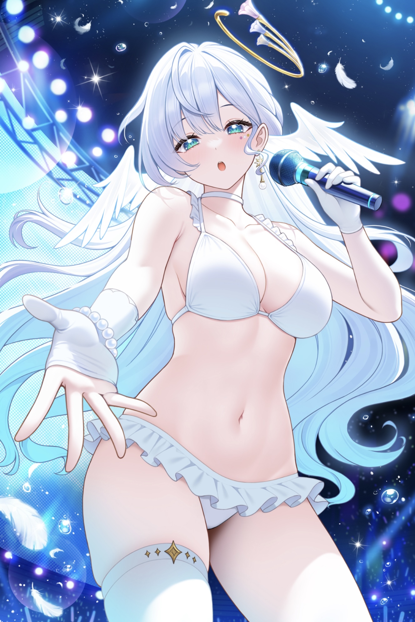 :o, 1girls, breasts, curvy, curvy body, curvy female, curvy figure, female, fukuro ko (greentea), girly, green eyes, head wings, hi res, high quality, honkai (series), honkai: star rail, hoyoverse, legs, light skin, light-skinned female, long hair, looking at viewer, medium breasts, open mouth, panties, performance, robin (honkai: star rail), skinny, skinny female, solo, solo female, underwear, very long hair, white panties, wings, wings on head