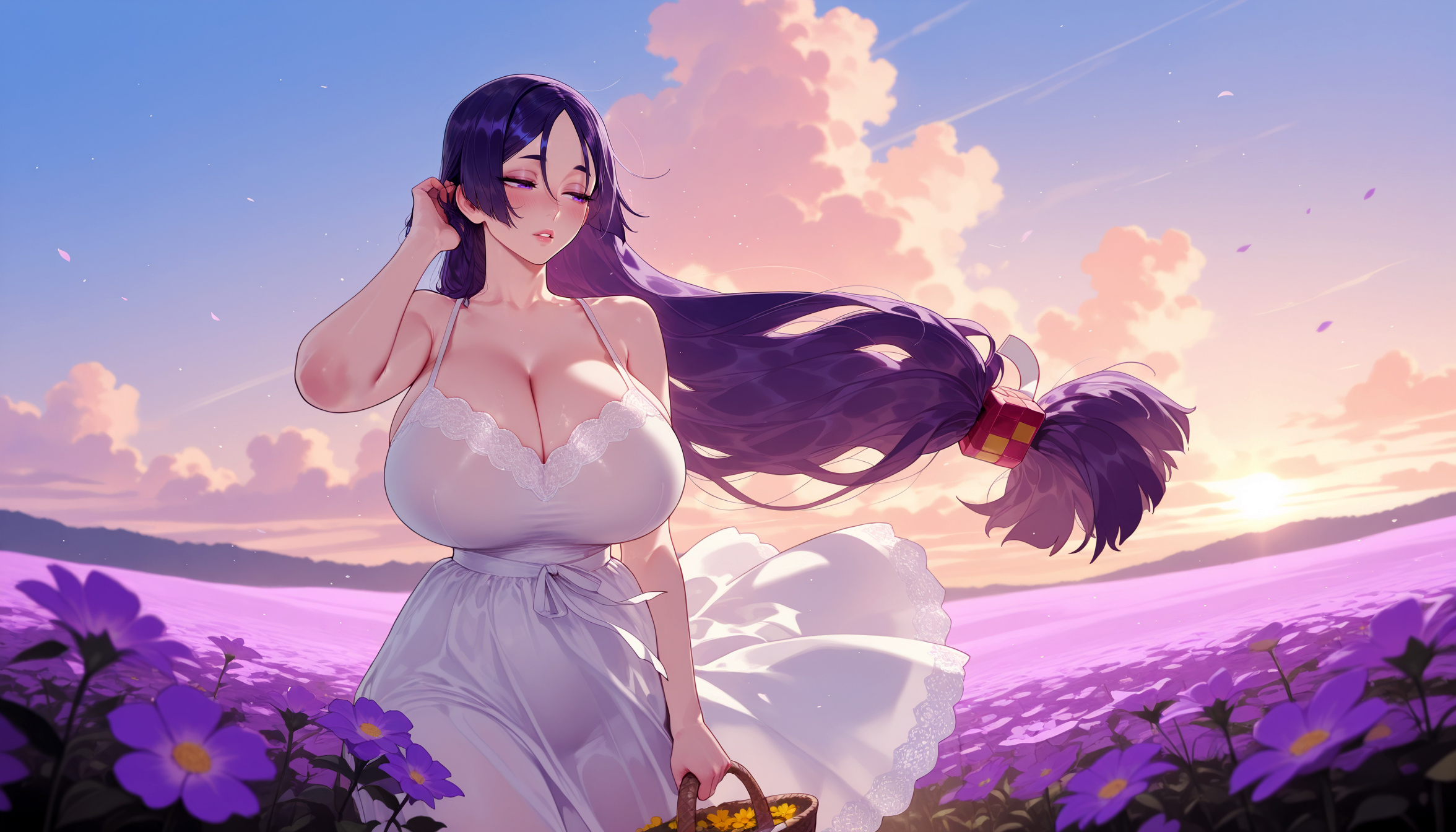 1girls, adjusting hair, ai generated, balecxi, bangs, bare shoulders, basket, beach, blue sky, blush, breasts, clavicle, cleavage, closed eyes, clothing, cloud, collarbone, curvaceous, curvaceous female, curvaceous figure, curvy, curvy figure, day, dress, fate (series), fate/grand order, female, female focus, female only, field, flower, flower field, hair flower, hair ornament, hand in own hair, holding basket, huge breasts, jewelry, large breasts, light-skinned female, long hair, low-tied long hair, minamoto no raikou (fate), minamoto no raikou (fate/grand order), ocean, outdoors, parted bangs, parted lips, petals, purple eyes, purple flower, purple hair, see-through, sidelocks, sky, smile, solo, standing, sundress, sunset, thighs, very long hair, voluptuous, voluptuous female, water, white dress