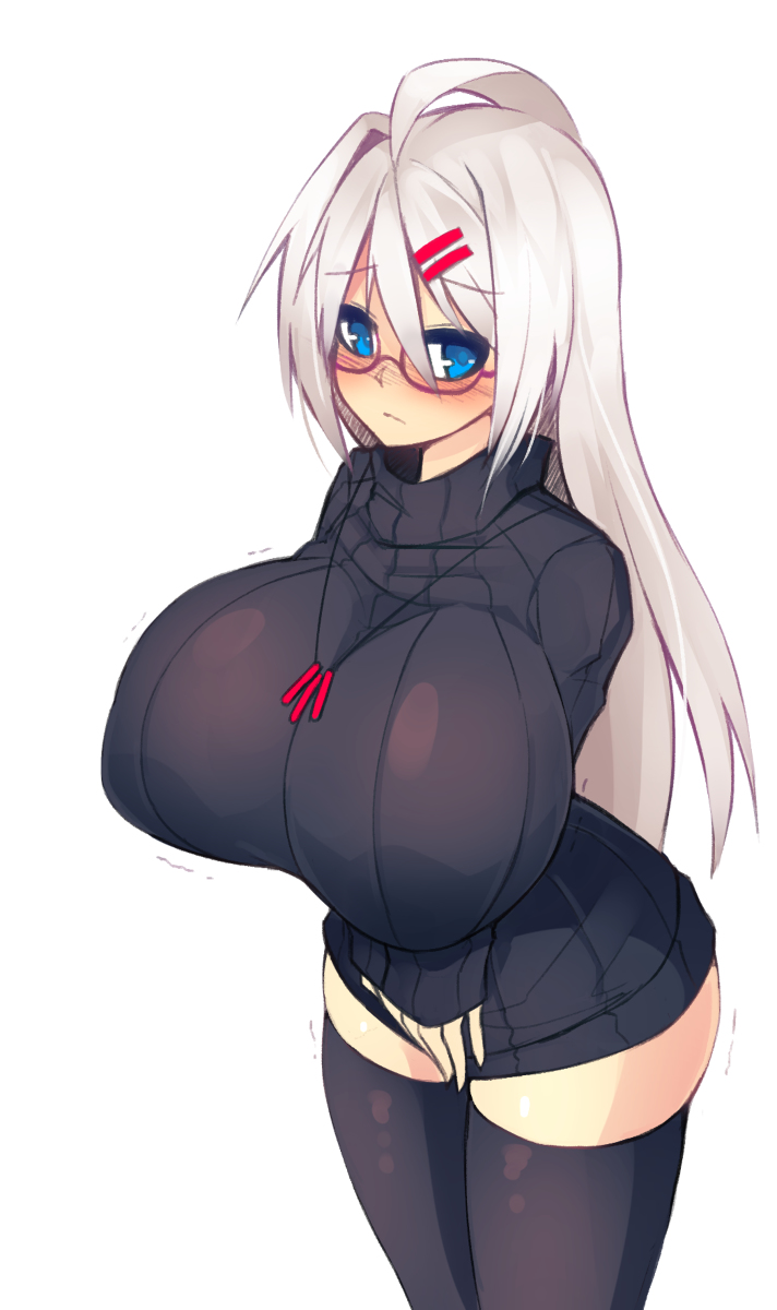 ass, bangs, big ass, black sweater, blue eyes, blush, breasts, clothed, covering crotch, cowboy shot, female, female only, front view, hair between eyes, hairclip, highres, holly (sub-res), huge breasts, human, long hair, looking at viewer, necklace, nipple bulge, original, original character, shirt, simple background, solo, standing, sub-res, sweater, thighhighs, turtleneck, twitching, very long hair, white background, white hair