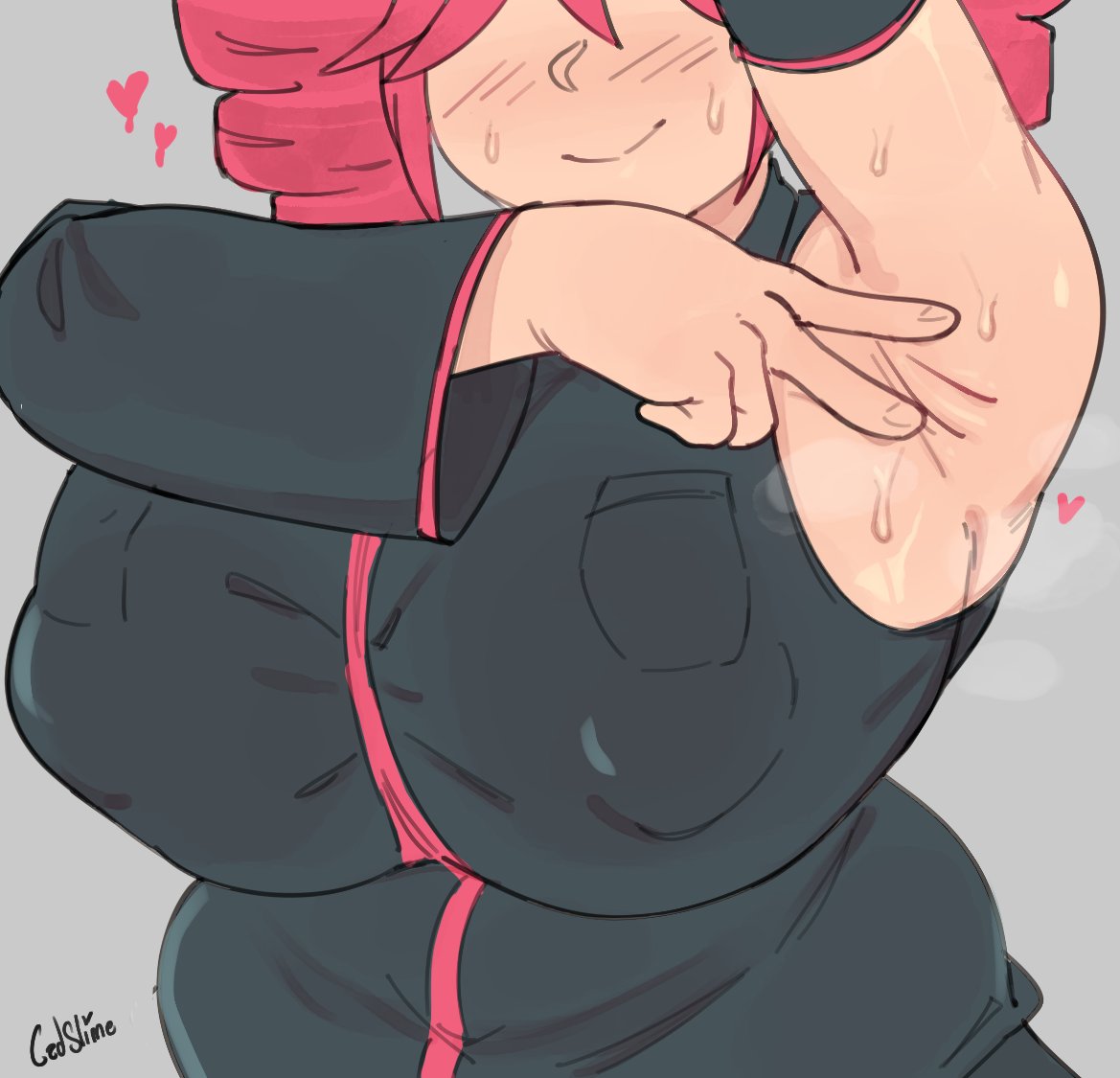 1girls, 2d, 2d (artwork), alternate version available, arm up, armpit, armpit crease, armpit fetish, armpit peek, armpit spread, armpits, big breasts, blush, blush lines, breasts, cadslime, chubby, chubby female, clothed, clothed female, clothing, curvaceous, curvy, curvy female, curvy figure, detached sleeves, fatass teto, female, female only, fully clothed, gigantic breasts, grey background, heart, hearts around body, huge breasts, hyper breasts, kasane teto, large breasts, love handles, massive breasts, nipple bulge, nipples, no bra, no eyes, red hair, shaved armpit, sideboob, simple background, smile, solo, solo female, spreading armpit, sweat, sweating, tight clothing, top heavy, twin drills, utau, voluptuous, voluptuous female
