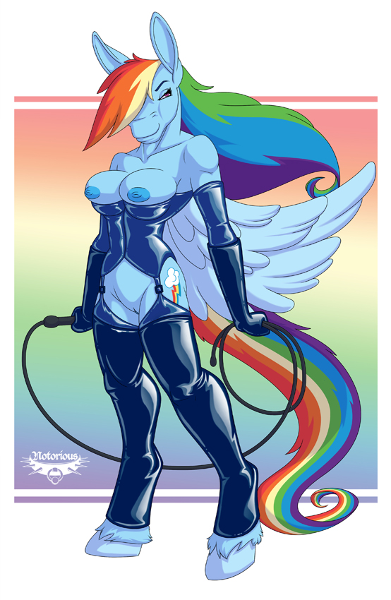 anthro anthrofied areola big_breasts blue_feathers blue_fur bondage breasts clothing cutie_mark domination equine erect_nipples feathered_wings feathers female female_domination friendship_is_magic fur hair hooves mammal multicolored_hair multicolored_tail my_little_pony nipples notorious84 pegasus pussy rainbow_dash_(mlp) rainbow_hair rainbow_tail smile solo standing straight_hair tight_clothing whip wings