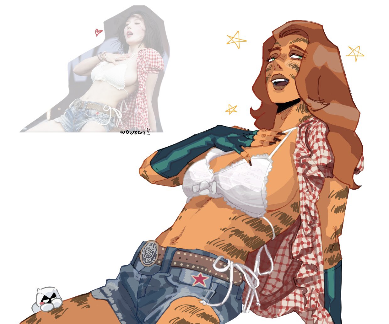 1boy, 1girls, art challenge, belt, belt buckle, big breasts, bikini top, breasts, cosplay, cowgirl outfit, demin shorts, denim, denim shorts, female, fingerless gloves, flannel shirt, gingham, jean shorts, kwon eun-bi, kwon eun-bi (cosplay), large breasts, long hair, looking at viewer, male, marvel, marvel comics, meme, moon knight, mooncakes, nipples visible through clothing, open shirt, real person, reference image, tiger girl, tigra, waterbomb, white bra