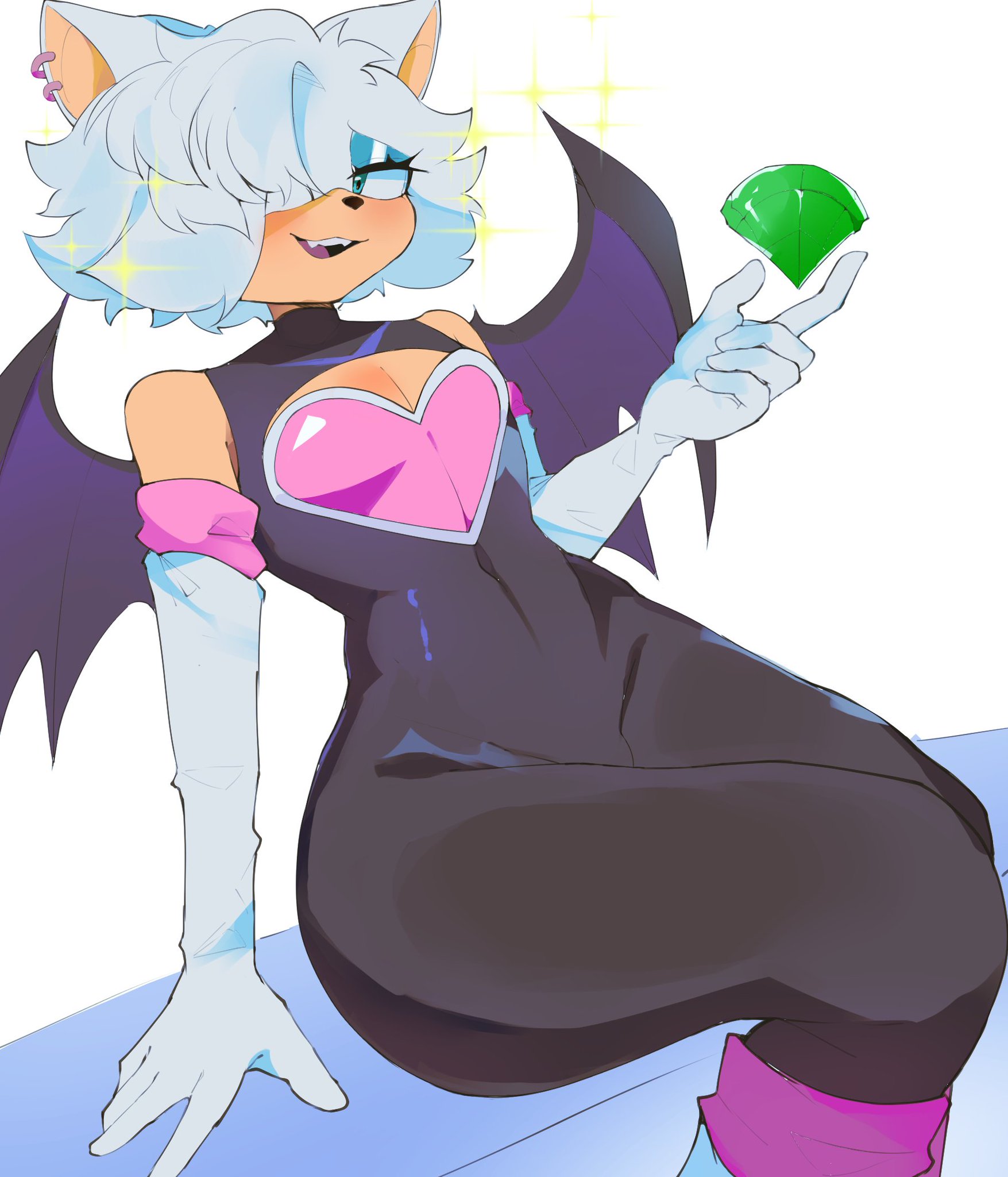 bat, black bodysuit, chaos emerald, chest window, elbow gloves, femboy, feminine male, genderswap, genderswap (ftm), hoshoidk, male, male only, male rouge, rouge the bat, rouge the bat (nikkikaji), rule 63, sega, short hair, shoulders, sitting, slim waist, solo, solo focus, solo male, sonic (series), sonic the hedgehog (series), thick thighs, thighs, white hair, wings