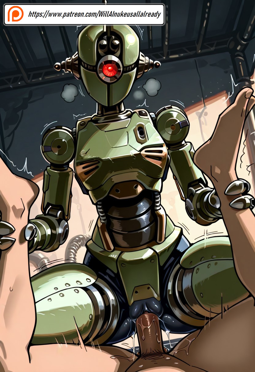 1boy, 1girls, ai generated, amazon position, assaultron, fallout, fallout 4, female, femdom, human penetrating, male, penis, robot girl, sex, willainukeusallalready