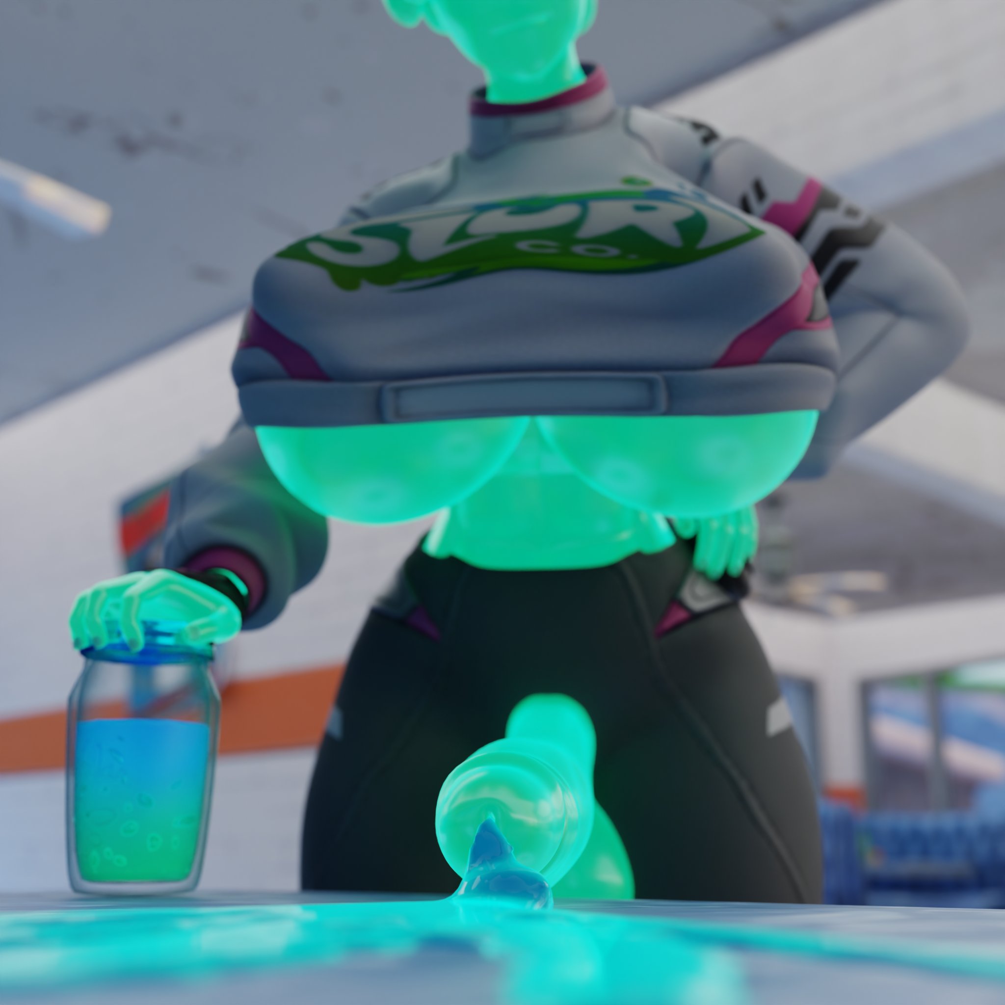 3d, blender, blender cycles, breasts, ella slurp, female, fooker, fortnite, fortnite: battle royale, futanari, huge breasts, intersex, jpeg, jpeg artifacts, leaking cum, slime, slime girl, slurp (fortnite), slurp juice, solo, underboob