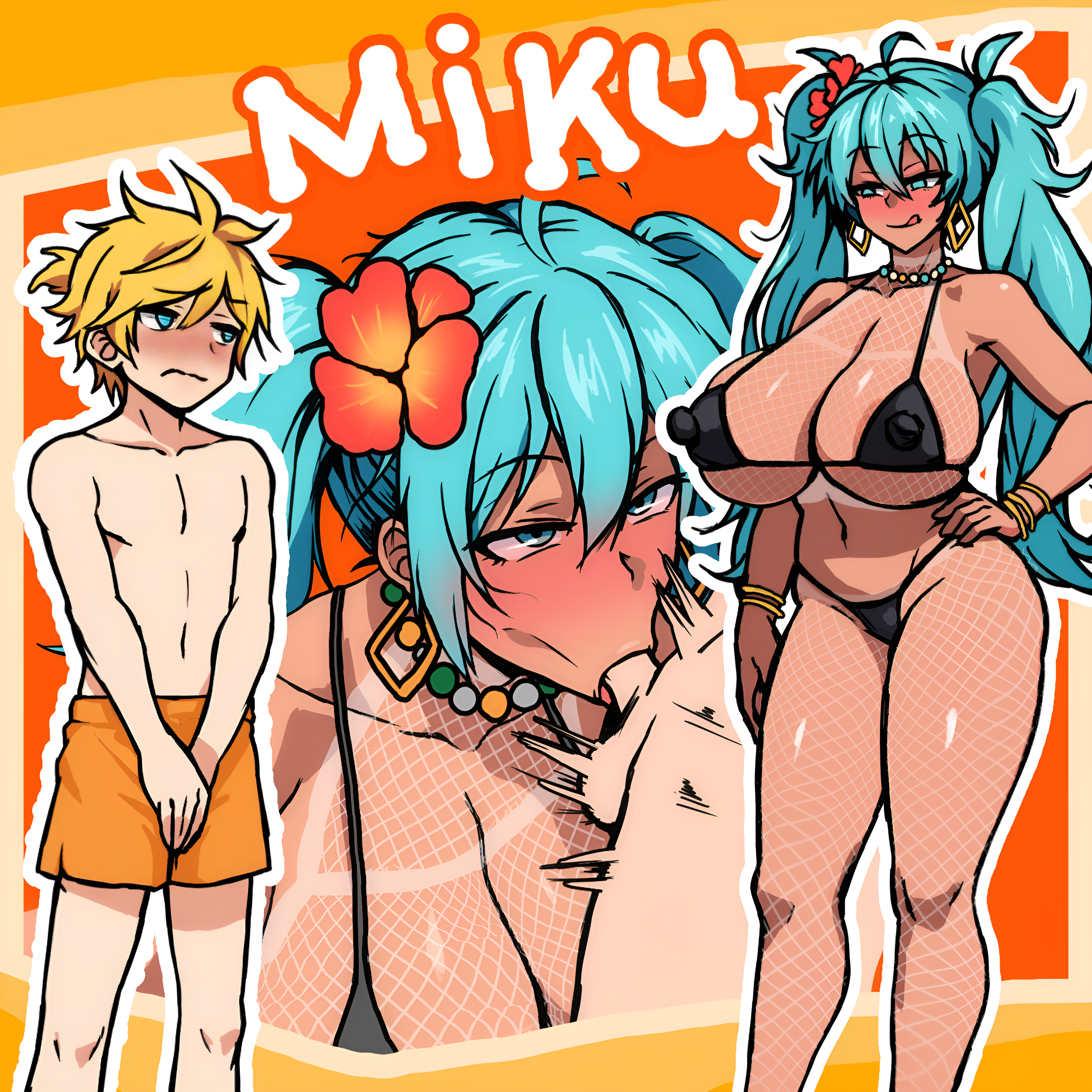 :>=, 1boy, 1girl, age difference, ahoge, alternate breast size, aqua eyes, aqua hair, bikini, black bikini, blonde hair, blue eyes, blush, bracelet, brazil, brazilian female, brazilian miku, breasts, cleavage, covered nipples, cyan eyes, cyan hair, dark skin, dark-skinned female, earrings, fellatio, female, femdom, fishnets, flower, hair flower, hair ornament, hand on hip, hatsune miku, height difference, hetero, hibiscus, highres, huge breasts, interracial, interracial sex, jewelry, kagamine len, latin american hatsune miku (meme), light skin, light-skinned male, long hair, male, male swimwear, meme, micro bikini, navel, necklace, non-web source, oral, penis, seductive smile, shy, swim trunks, swimsuit, tan, tanlines, tongue, tongue out, twintails, very long hair, vocaloid, younger male