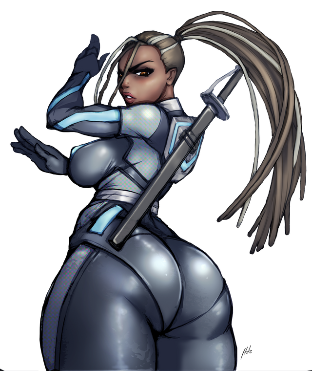 arms_up artist_name artist_signature ass back_turned back_view big_ass big_breasts bodysuit breasts brown_eyes dark-skinned_female dark_skin hips lips locs long_hair master_raven plump_lips reddit skin_tight spandex sword tekken tekken_7 thick_thighs tight_clothing undercut undercut_dreads wide_hips