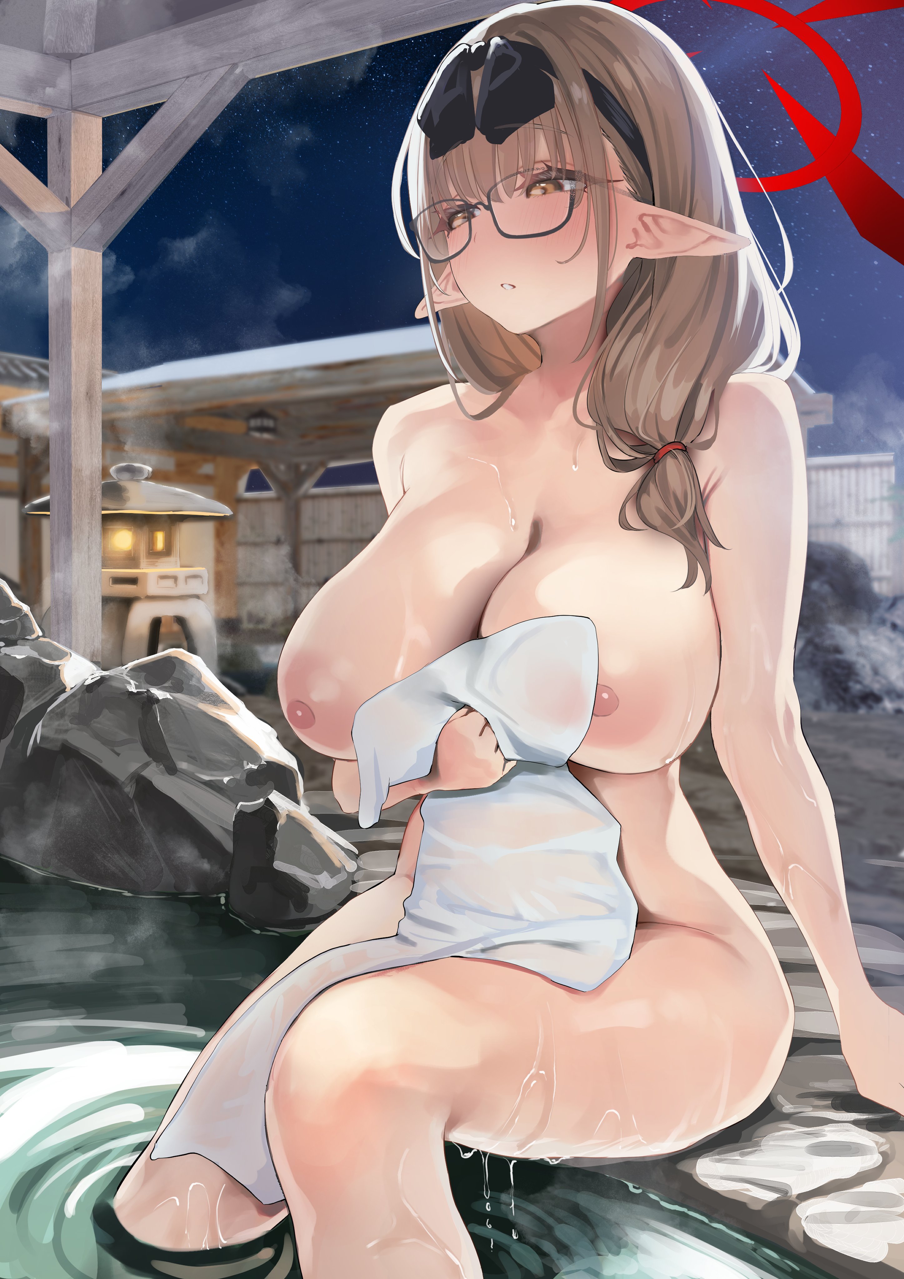 1girls, big breasts, blue archive, blush, breasts, chinatsu (blue archive), chinatsu (hot spring) (blue archive), elf ears, female, female only, glasses, halo, high resolution, highres, kawaraya koh, nipples, onsen, video game character
