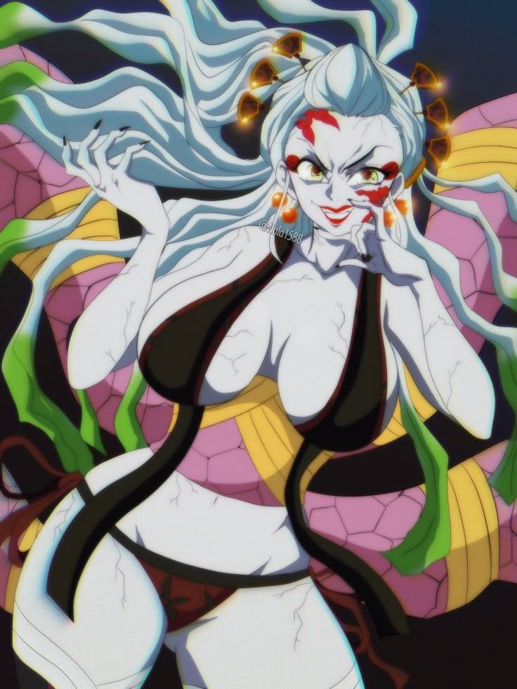 breasts, daki (kimetsu no yaiba), demon slayer, evil grin, female, kimetsu no yaiba, large breasts, nala1588, smirk, thick ass, thick thighs