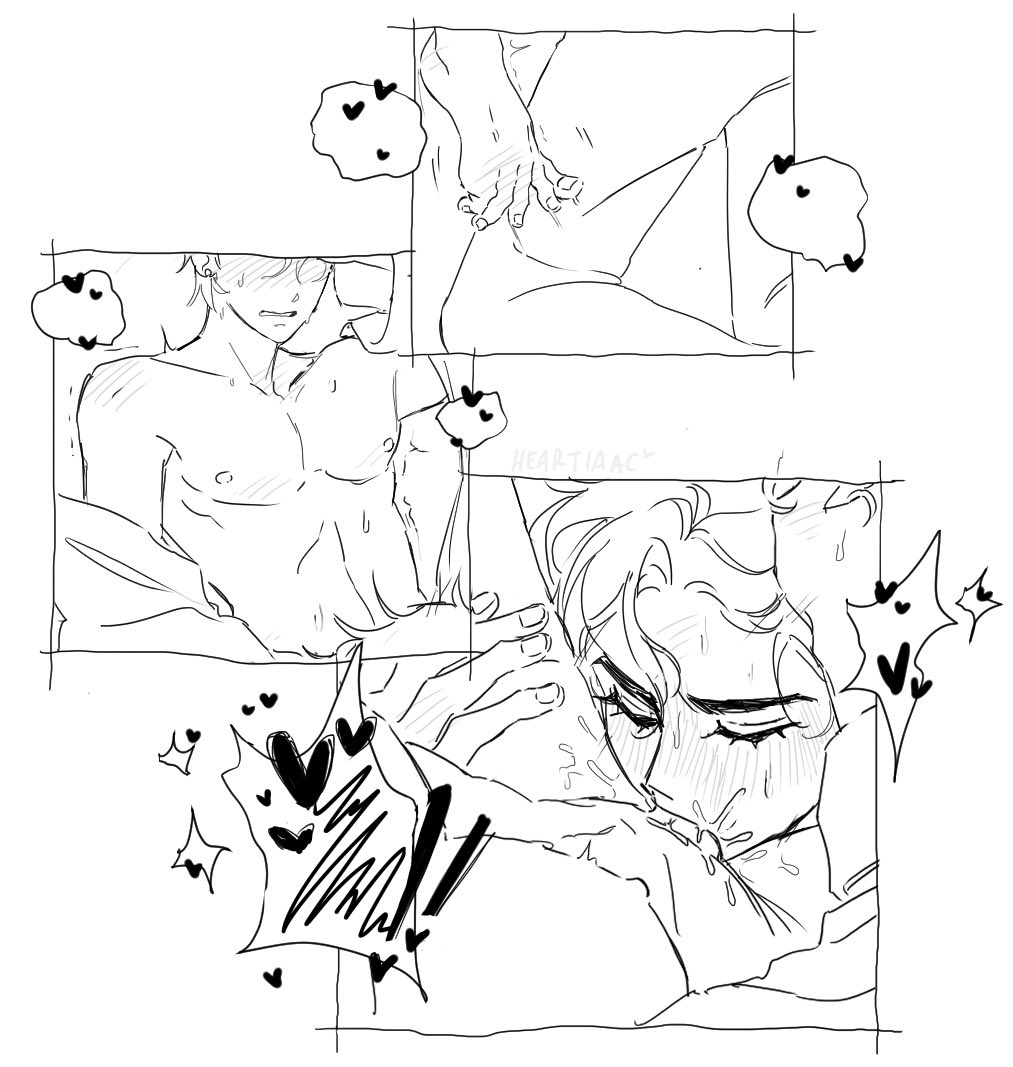 2boys, alien stage, alternate universe, blowjob, face closeup, gay, gay sex, hair grab, head out of frame, heartiaac, hearts, ivan (alien stage), male, male/male, multiple panels, orgasm, skinny, sucking penis, sweat, till (alien stage), yaoi