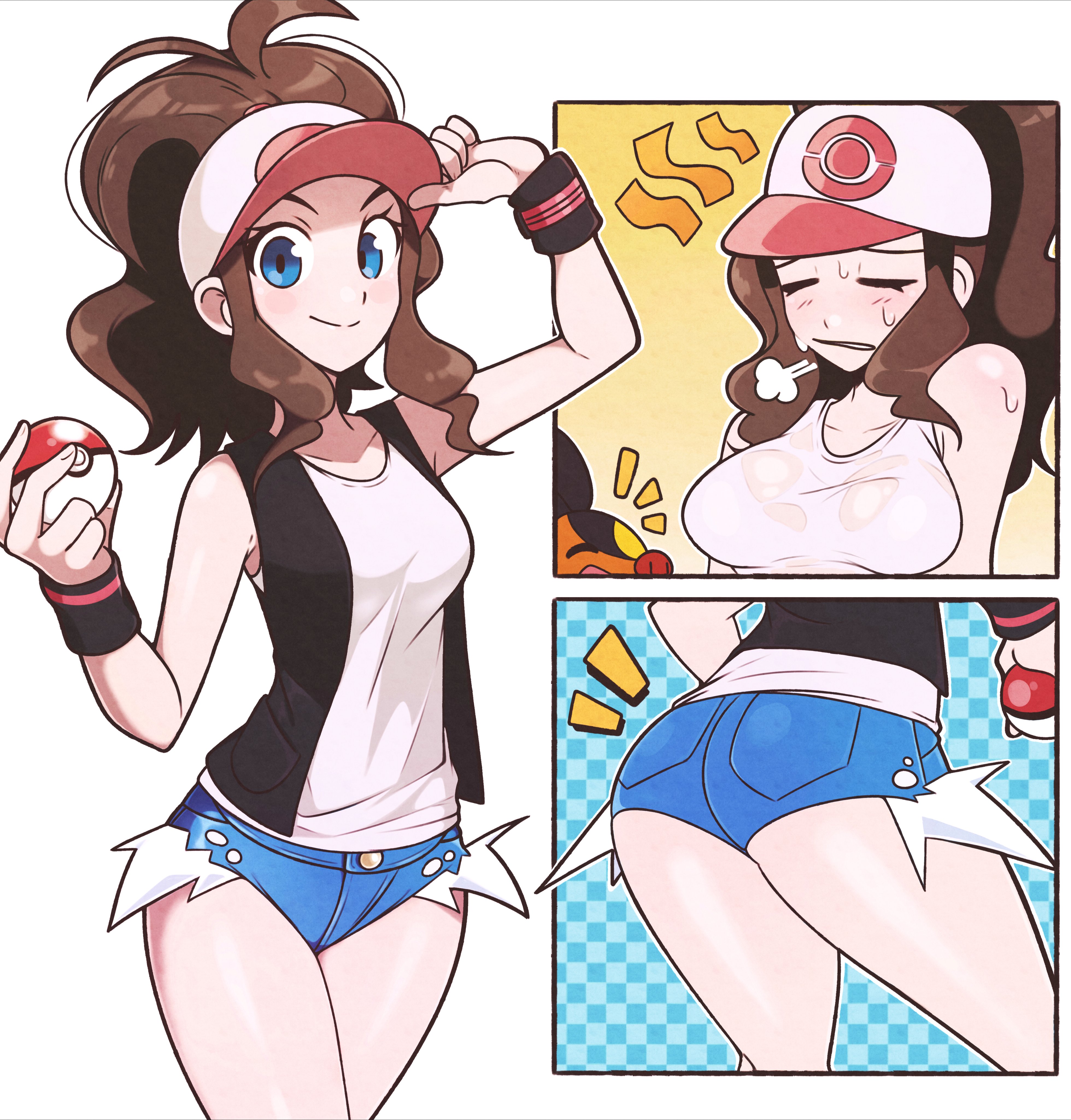 absurdres, accurate body type, accurate proportions, ass, ass focus, blue eyes, brown hair, commentary, english commentary, female, female only, gen 5 pokemon, hat, high ponytail, highres, hilda (pokemon), holding, hot, jeffmiga, looking at viewer, multiple views, nintendo, pokemon, pokemon bw, ponytail, shirt, short shorts, shorts, sleeveless, sleeveless shirt, sweat, tank top, tepig, vest, visor cap, wrist cuffs