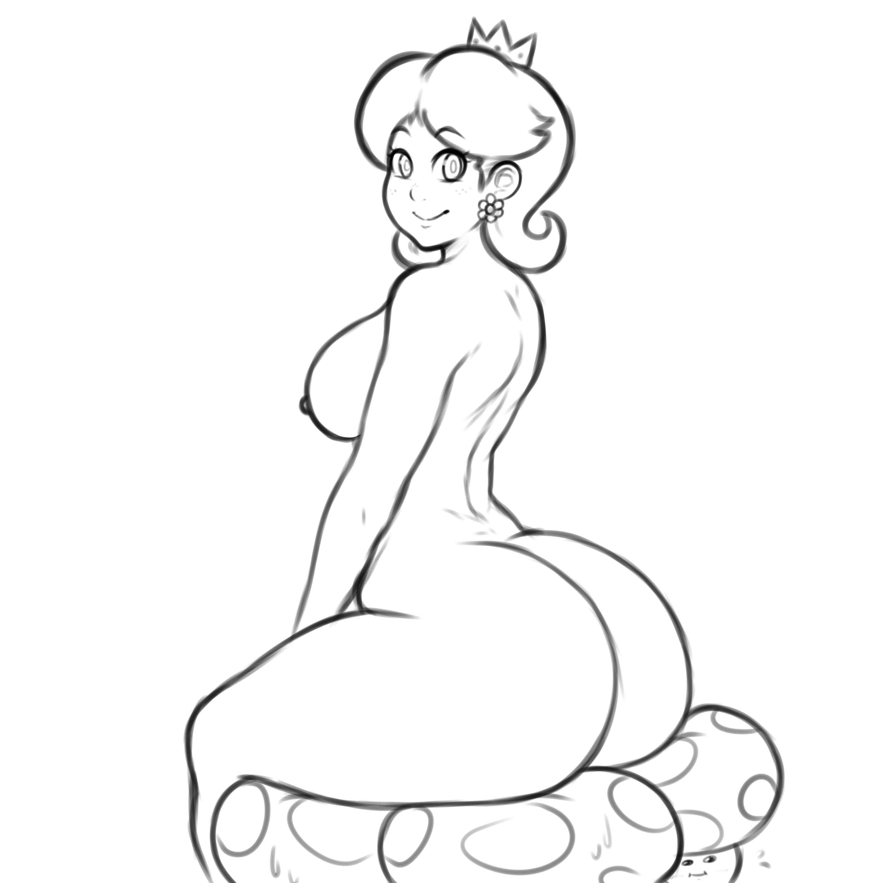 1girls, 3boys, ass, back, big ass, big butt, black and white, breasts, earrings, female, female focus, franktonius, huge ass, looking at viewer, looking back, male, mario (series), monochrome, multiple boys, multiple males, mushroom, nintendo, nipples, nude, princess daisy, simple background, sitting, toad (mario)
