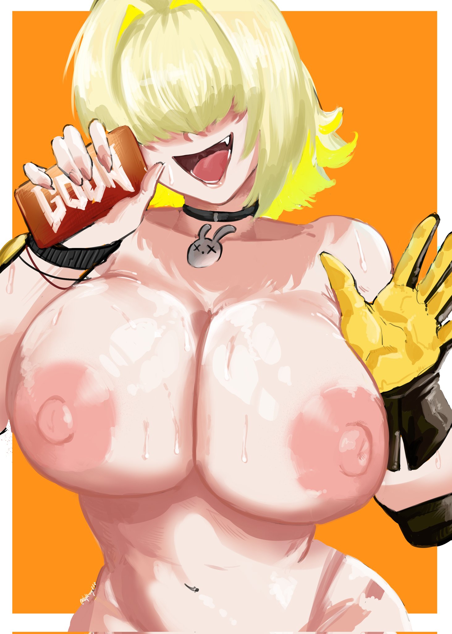 alqkemy777, areolae, badonkadonks, big areola, big breasts, big nipples, blonde hair, boobs, breasts, choker, chubby, covered eyes, elegg (nikke), fang, fat tits, female, gloves, goddess of victory: nikke, hair over eyes, huge breasts, nikke, nipples, phone, short hair, smile, sweat, tactical nudity, tagme, tits