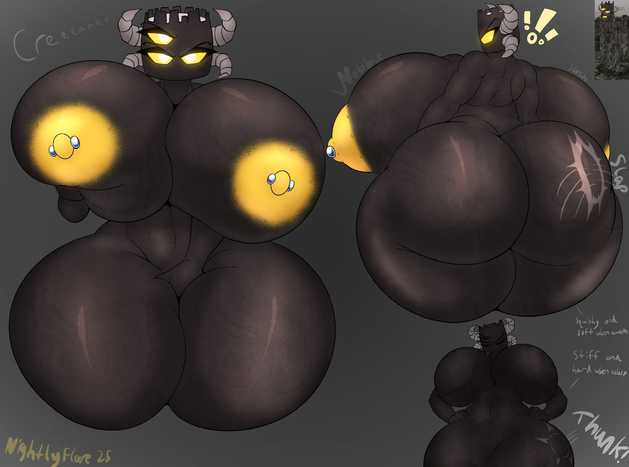 1girls, 3 eyes, angry expression, asleep, breasts, breasts bigger than head, breasts bigger than torso, creaking (minecraft), dark-skinned female, female, female only, grabbing own breast, hi res, horns, huge ass, huge breasts, huge thighs, hyper, hyper ass, hyper breasts, hyper thighs, minecraft, nightlyflare, nipple piercing, oc, pussy, slap, tagme, the creaking (minecraft), touching pussy, yellow nipples, yellow sclera