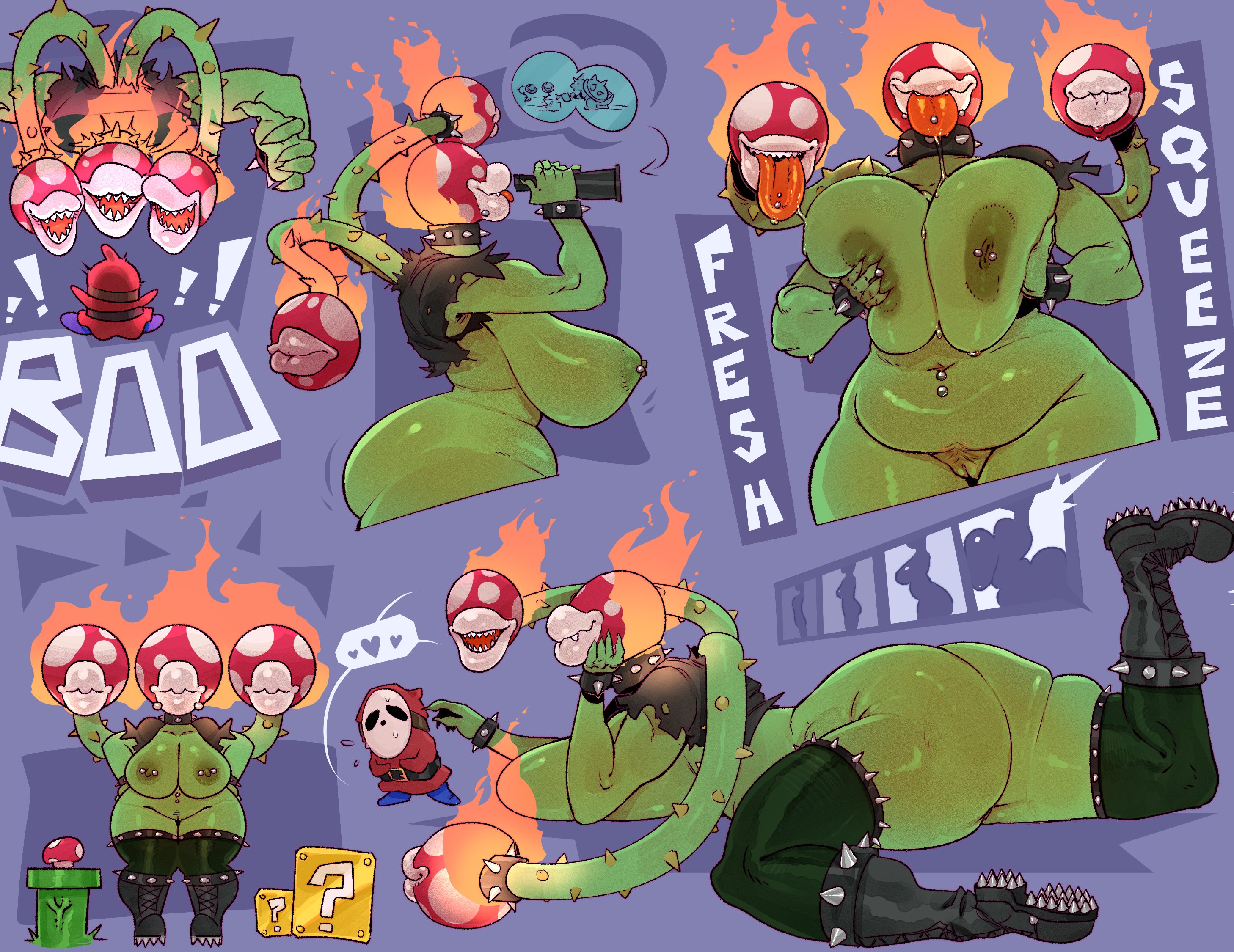 1boy, 1girls, ass, big ass, big breasts, breasts, female, fire, huge ass, huge breasts, kreemler, larger female, lava piranha, male, mario (series), nintendo, piranha plant, plant, plant girl, plant humanoid, shy guy, smaller male, smiling