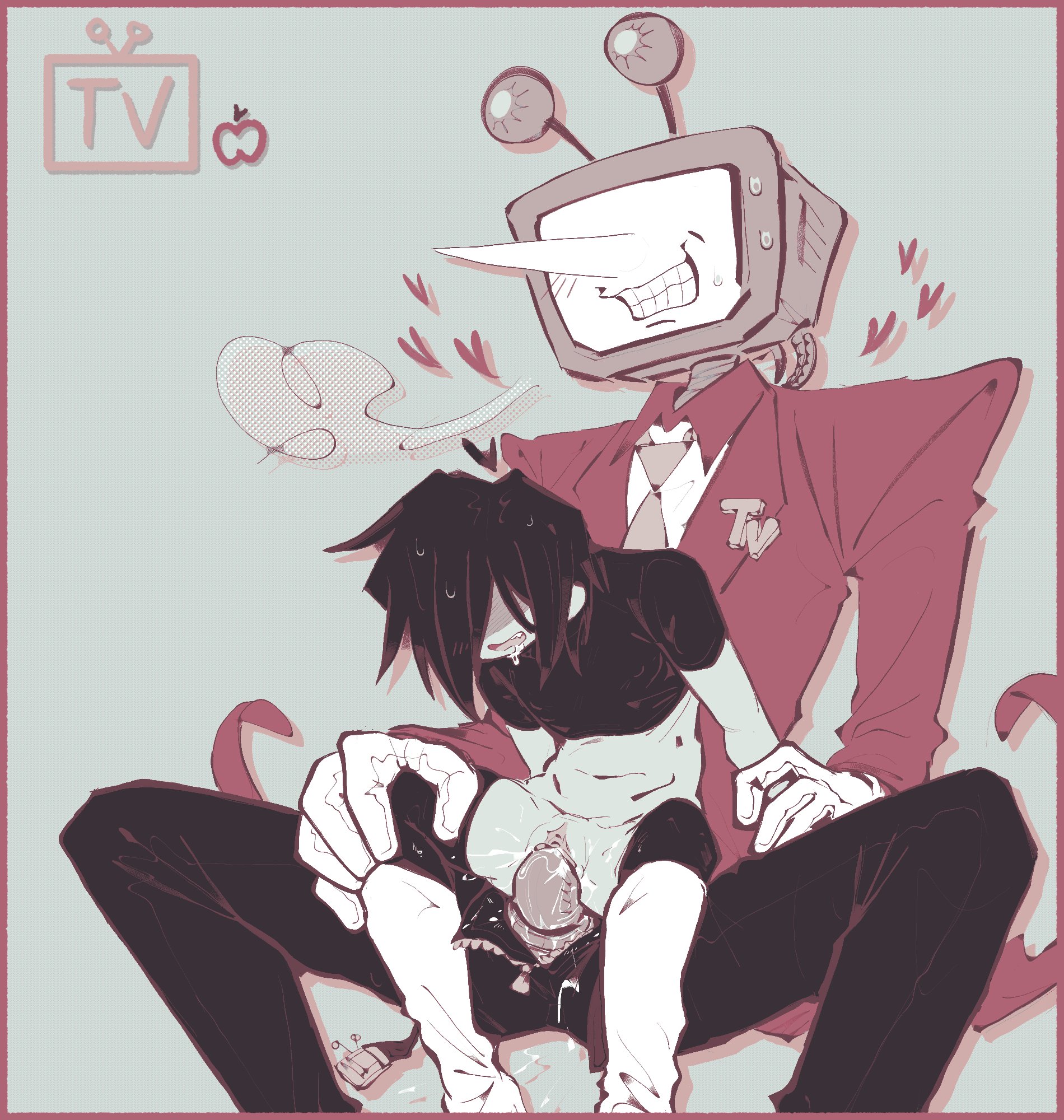 belly button, belt undone, clothed sex, cuntboy, deltarune, deltarune chapter 3, drool, drooling, dubious consent, dubious pleasure, eyes obscured, flat chest, gloves, grabbing arm, heart symbol, hearts around head, holding arm, holding arm back, intersex, kneehigh boots, kris (deltarune), large hands, leaning forward, looking down, male, mechanical penis, nipples visible through clothing, on lap, panting, penis, possibly rape, pussy, pussy juice, red lineart, red suit jacket, robot, size difference, suit and tie, sweat, tagme, tagme (artist), tenna (deltarune), tight fit, tv head, unbuckled belt, unzipped pants, vaginal penetration, vaginal sex, yaoi