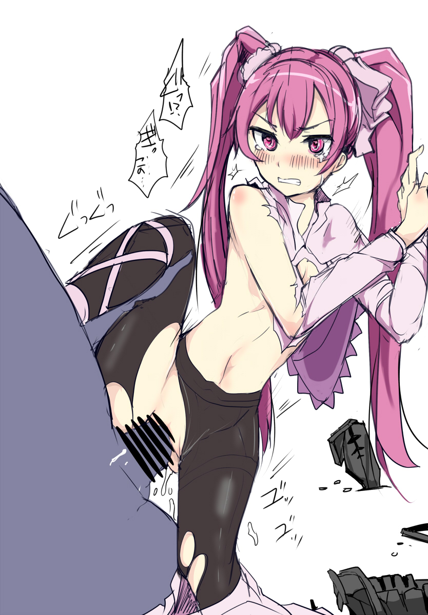 1boy 1girls akame_ga_kill! angry blush censored clenched_teeth clothed_sex crying female male mine_(akame_ga_kill!) mos1613 penis pink_eyes pink_hair pussy rape sex tears teeth torn_clothes torn_legwear twintails vaginal_penetration