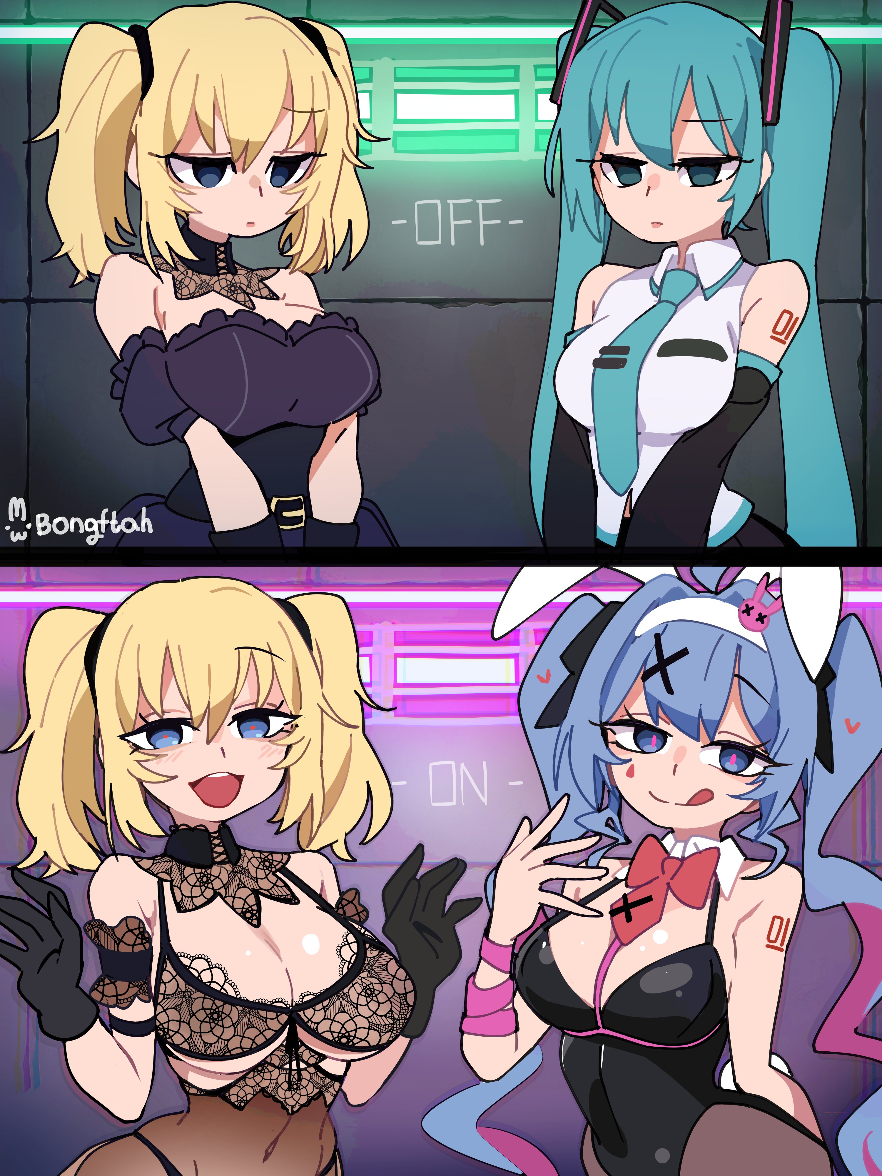 :d, :q, 2girls, 3girls, ani (twitter), ani (xai), animal ears, aqua hair, aqua necktie, bangs, bare shoulders, belt, between breasts, black bra, black dress, black gloves, black leotard, black skirt, black sleeves, blonde hair, blue eyes, blue hair, blush, bongfillstudent, bongftah, bow, bowtie, bra, breasts, bunny ears, bunnysuit, cleavage, closed mouth, collared shirt, covered navel, detached collar, detached sleeves, dress, empty eyes, fake animal ears, female, female focus, female only, gloves, grey shirt, grok (x), grok (xai), hair ornament, hairband, hatsune miku, heart, heart-shaped pupils, highleg, large breasts, leotard, light skin, light-skinned female, lingerie, long hair, looking at viewer, multiple girls, necktie, necktie between breasts, number tattoo, open mouth, pantyhose, playboy bunny, rabbit ears, rabbit hole (vocaloid), rabbit tail, red bow, red bowtie, ribbon, see-through, shirt, short sleeves, shoulder tattoo, skirt, sleeveless, sleeveless shirt, smile, strapless, strapless leotard, symbol-shaped pupils, tattoo, teeth, tongue, tongue out, twintails, twitter, underboob, underwear, upper body, upper teeth only, very long hair, vocaloid, white hairband, white shirt, wide hips, x hair ornament
