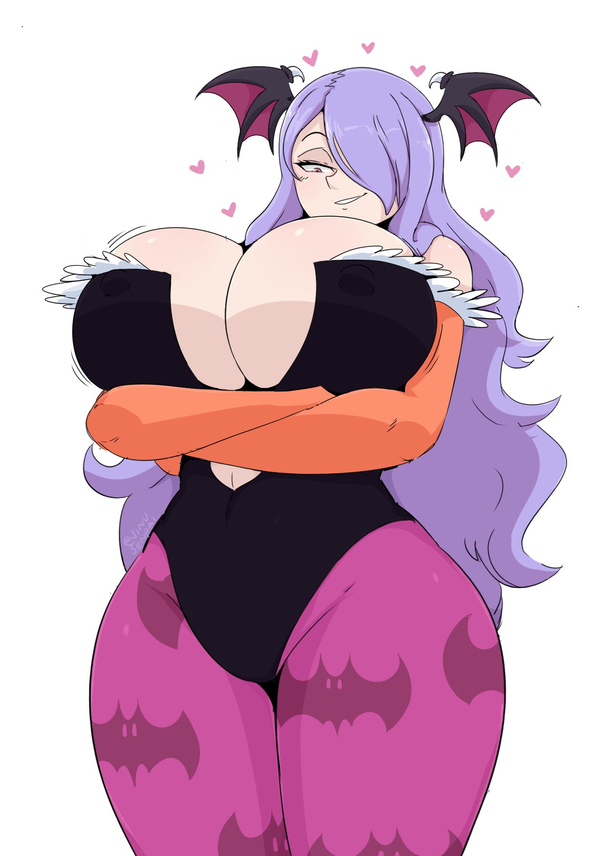 breasts camilla_(fire_emblem) capcom cleavage clothing cosplay darkstalkers erect_nipples erect_nipples_under_clothes female female_only fire_emblem fire_emblem_fates grin hair_over_one_eye heart huge_breasts jinu large_breasts long_hair morrigan_aensland morrigan_aensland_(cosplay) naughty_face nintendo pantyhose purple_hair seductive seductive_smile simple_background smile solo thick_thighs white_background