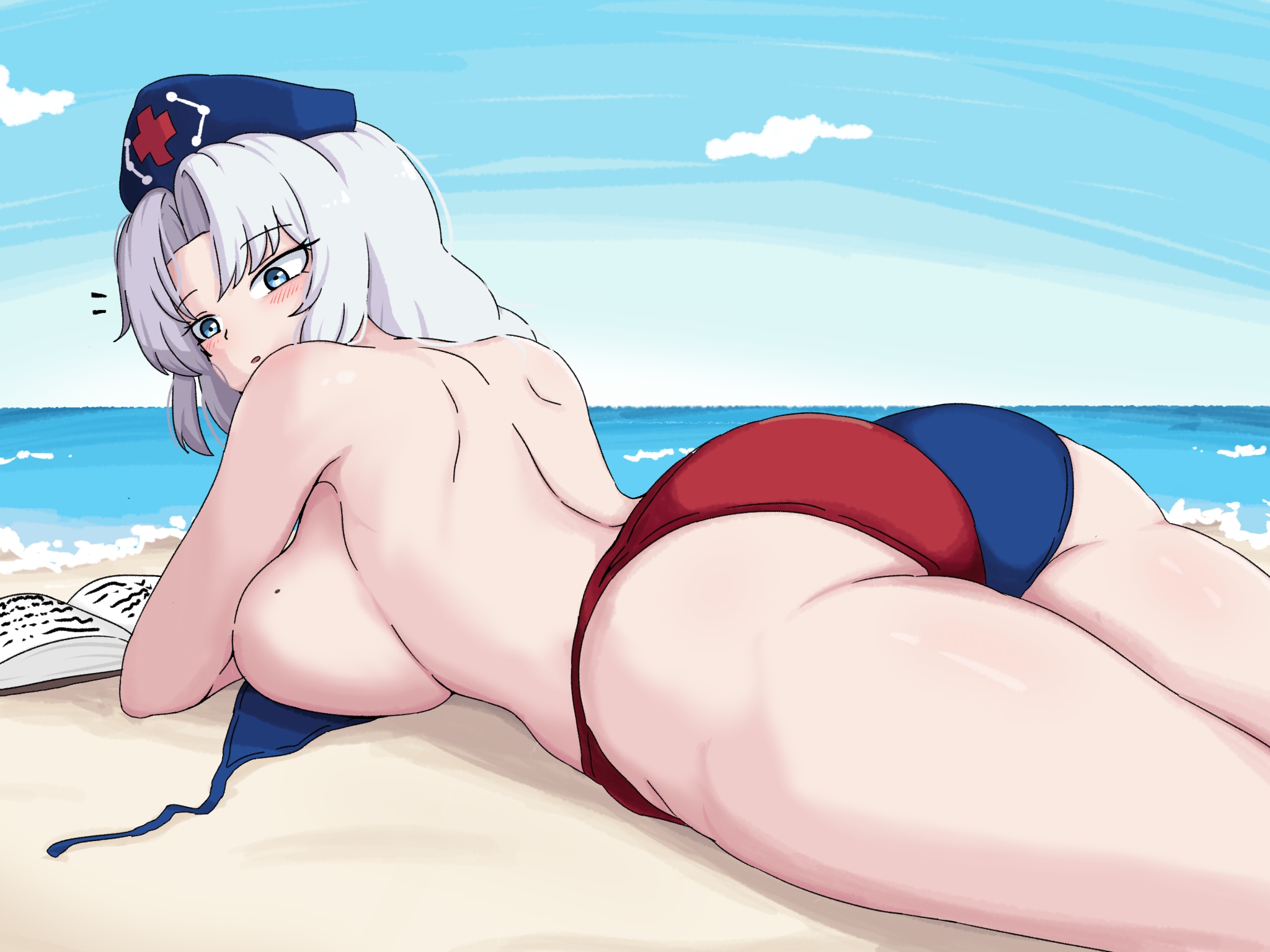 1girls, ass, beach, big breasts, bikini, blue eyes, book, breasts, ehehe52921343, eirin yagokoro, female, hat, light-skinned female, mature female, mole on breast, reading book, sky, solo, solo female, thick thighs, thighs, touhou, wardrobe malfunction, water, white hair