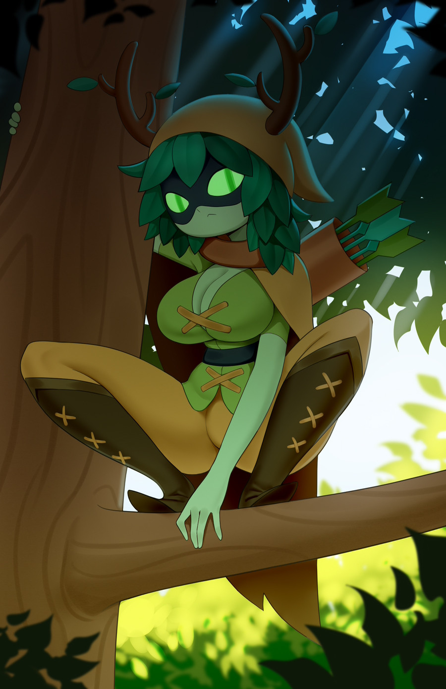 1girls, adventure time, ass, breasts, cartoon network, casual, clothing, female, female focus, female only, green body, green eyes, green hair, green skin, humanoid, huntress wizard, idler r, leaf, leaves, leaves in hair, nonsexual, pale skin, tagme, thighs