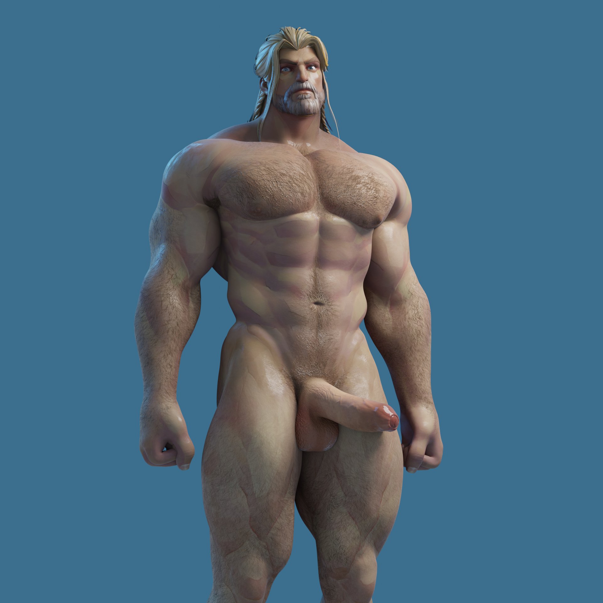 1boy, 3d, 3d (artwork), 3d artwork, arm hair, beard, blonde hair, blonde male, blonde-haired male, bonoimma, chest hair, erect, erect cock, erect dick, erect penis, erection, foreskin, hairy abs, hairy arms, hairy chest, hairy legs, leg hair, long hair, long-haired male, looking at viewer, male, male only, marvel, marvel comics, marvel rivals, moustache, partially retracted foreskin, penis, pubes, retracted foreskin, solo, solo male, standing, thor (marvel rivals), thor (marvel), tight foreskin, uncircumcised