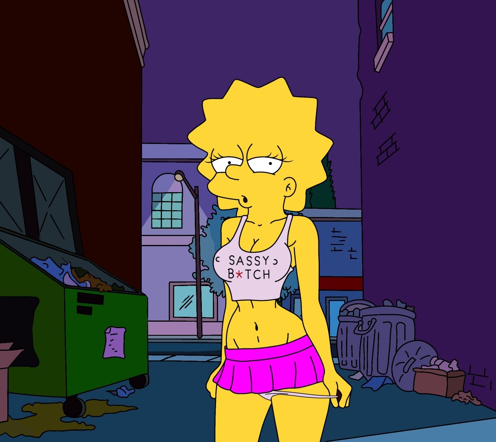 1girls, alley, alleyway, big breasts, cleavage, croc (artist), edit, exposed torso, female, female only, firm breasts, halter top, legs, lisa simpson, microskirt, miniskirt, navel, night, night sky, nipple bulge, outdoors, outside, panties, panty pull, revealing clothes, sexy, sexy body, skirt, spiky hair, the simpsons, yellow skin, younger sister
