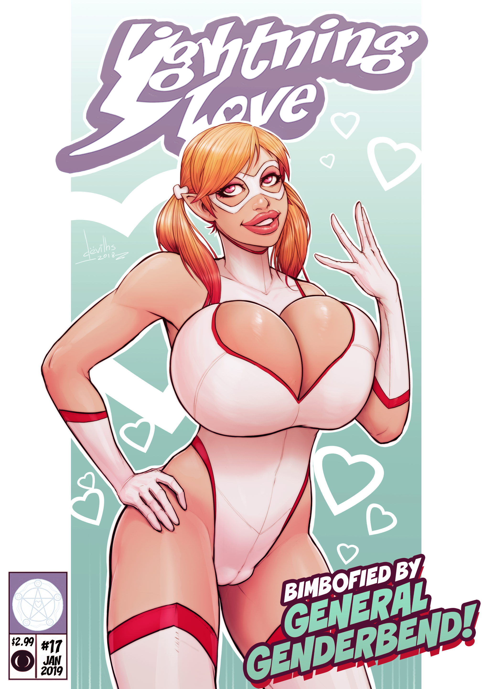 1girls, big breasts, big lips, bimbo, bimbofication, breasts, busty, cameltoe, cleavage, cleavage cutout, devil hs, eyelashes, eyeshadow, female, female only, gloves, hourglass figure, huge breasts, large breasts, lightning love, lipstick, makeup, original, original character, pointy ears, pussy, red eyes, smile, solo, superheroine, twintails, voluptuous