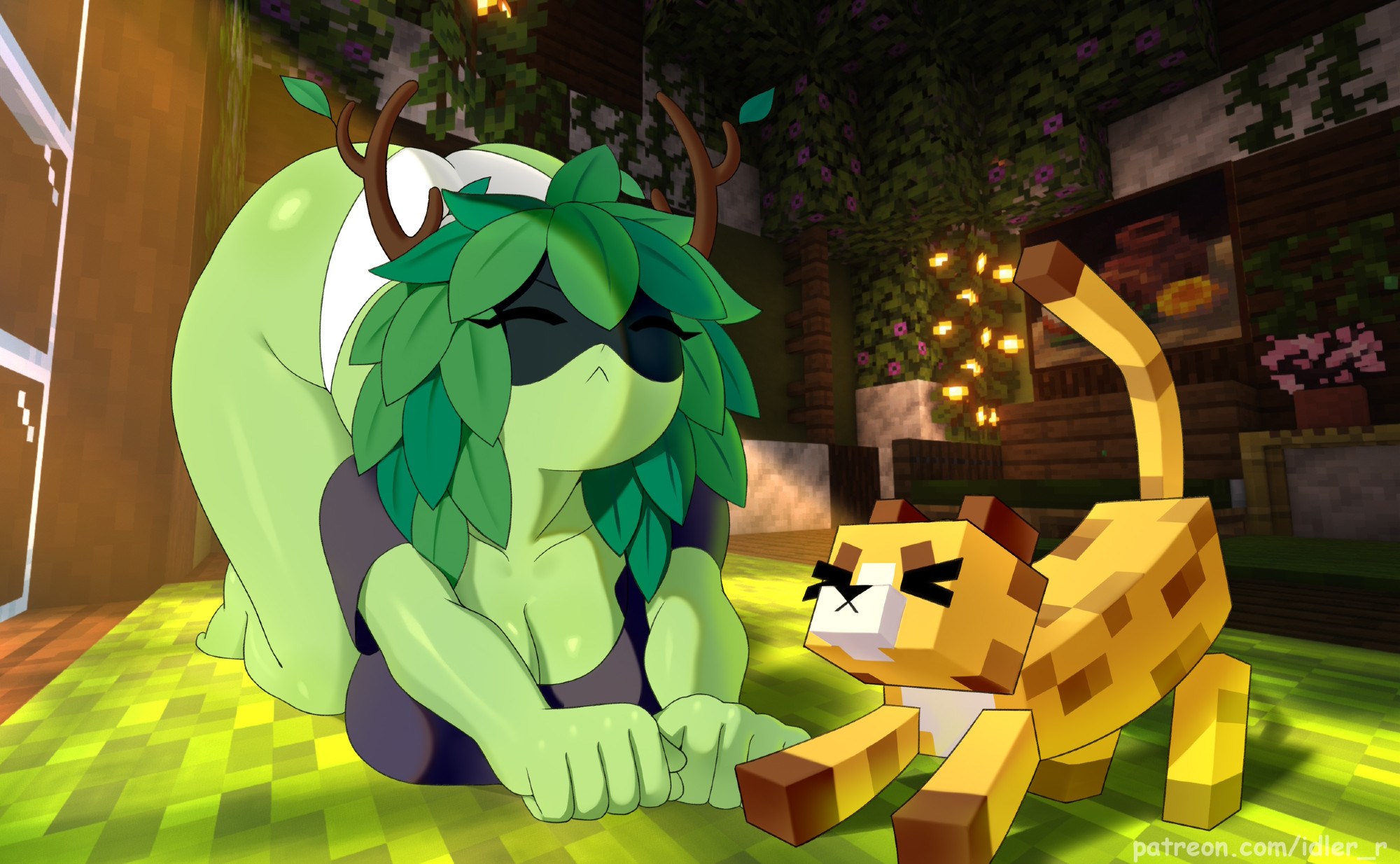 1girls, adventure time, ass, breasts, cartoon network, casual, cat stretch, clothing, female, female focus, female only, green body, green eyes, green hair, green skin, huntress wizard, idler r, leaf, leaves, leaves in hair, minecraft, nonsexual, tagme, thighs