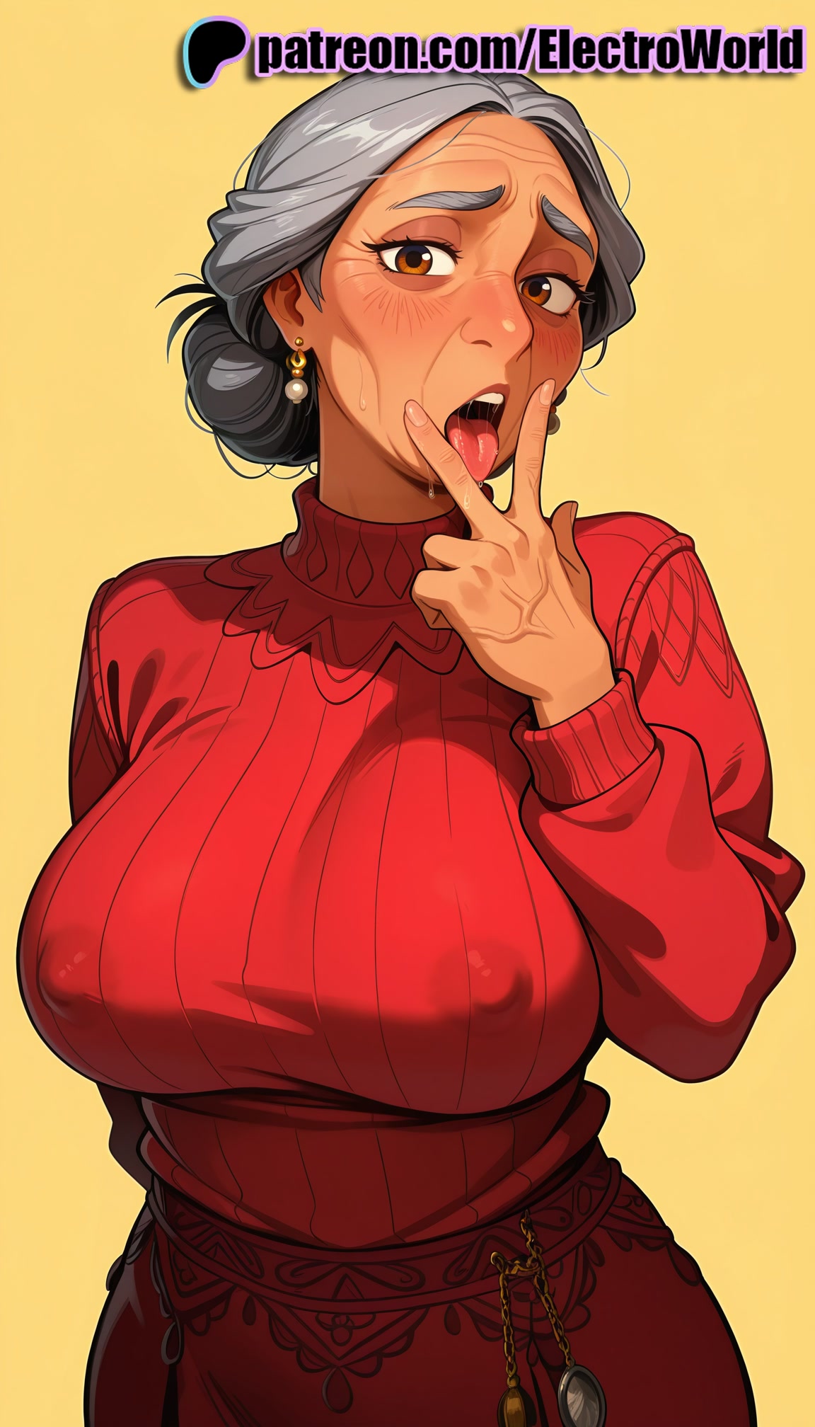 1girls, 2025, ai generated, alma madrigal, artist name, big breasts, big chest, black hair, blush, breasts, brown eyes, bust, busty, chest, covered nipples, cunnilingus gesture, earrings, electroworld, encanto, fellatio gesture, female, grandma, grandmother, granny, hair bun, hi res, high quality, high resolution, highres, jewelry, large breasts, licking, orange background, patreon, patreon username, red sweater, ribbed sweater, solo, stable diffusion, sweater, tongue, tongue out, watermark, yellow background
