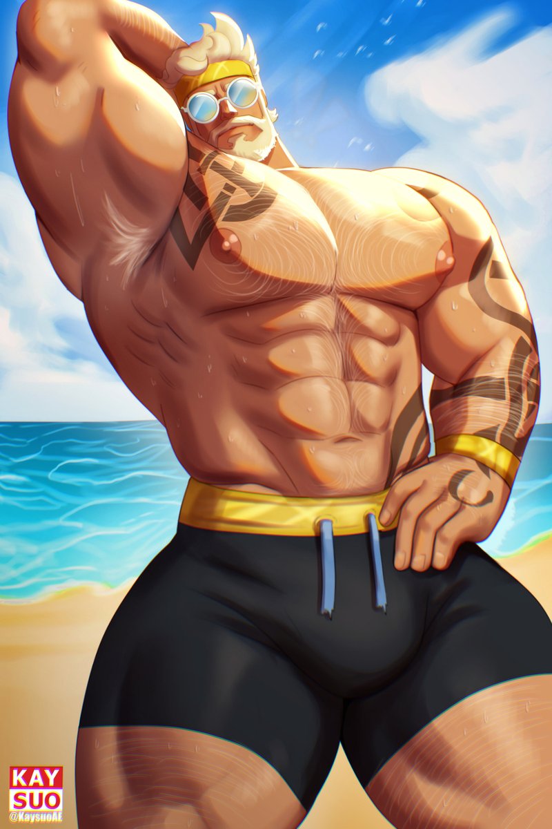 1boy, armpit, armpit hair, bara, beard, big pecs, black shorts, blonde hair, blonde male, blonde-haired male, bulge, daddy, dilf, flaccid, gay, hand behind head, kaysuo, male, male only, marvel, marvel comics, marvel rivals, muscular, muscular male, musk, solo, solo focus, solo male, sweat, sweating, tattoo, thor (marvel rivals), thor (marvel), thor (worthy waves), yaoi