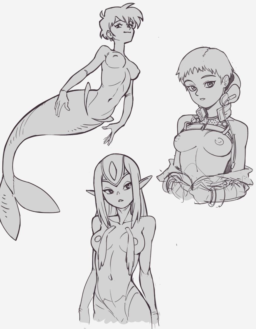 3girls, blue submarine no. 6, breasts, exposed breasts, female, fish girl, fish humanoid, forehead mark, human, humanoid, marine, marine humanoid, mayumi kino, merfolk, mermaid, monster girl, mutio, not furry, pointy ears, sketch, suit, suoiresnu