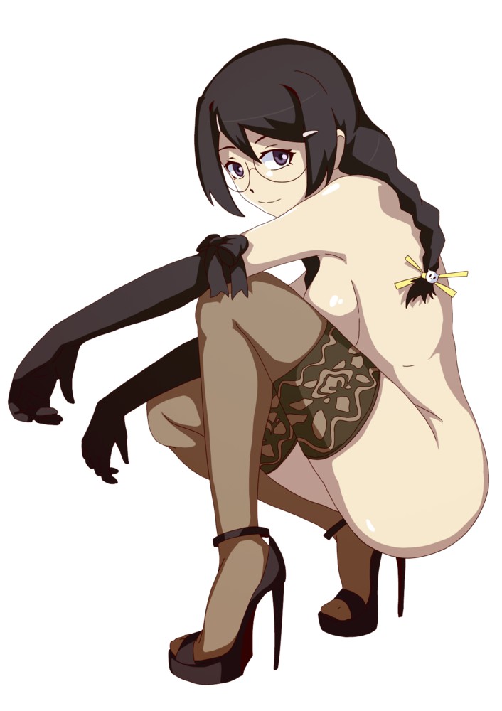 black hair, braid, brown legwear, female, glasses, gloves, hair ornament, hairclip, hanekawa tsubasa, high heels, lace-trimmed thighhighs, lingerie, looking at viewer, monogatari (series), purple eyes, smile, smiling at viewer, solo, thighhighs, white background