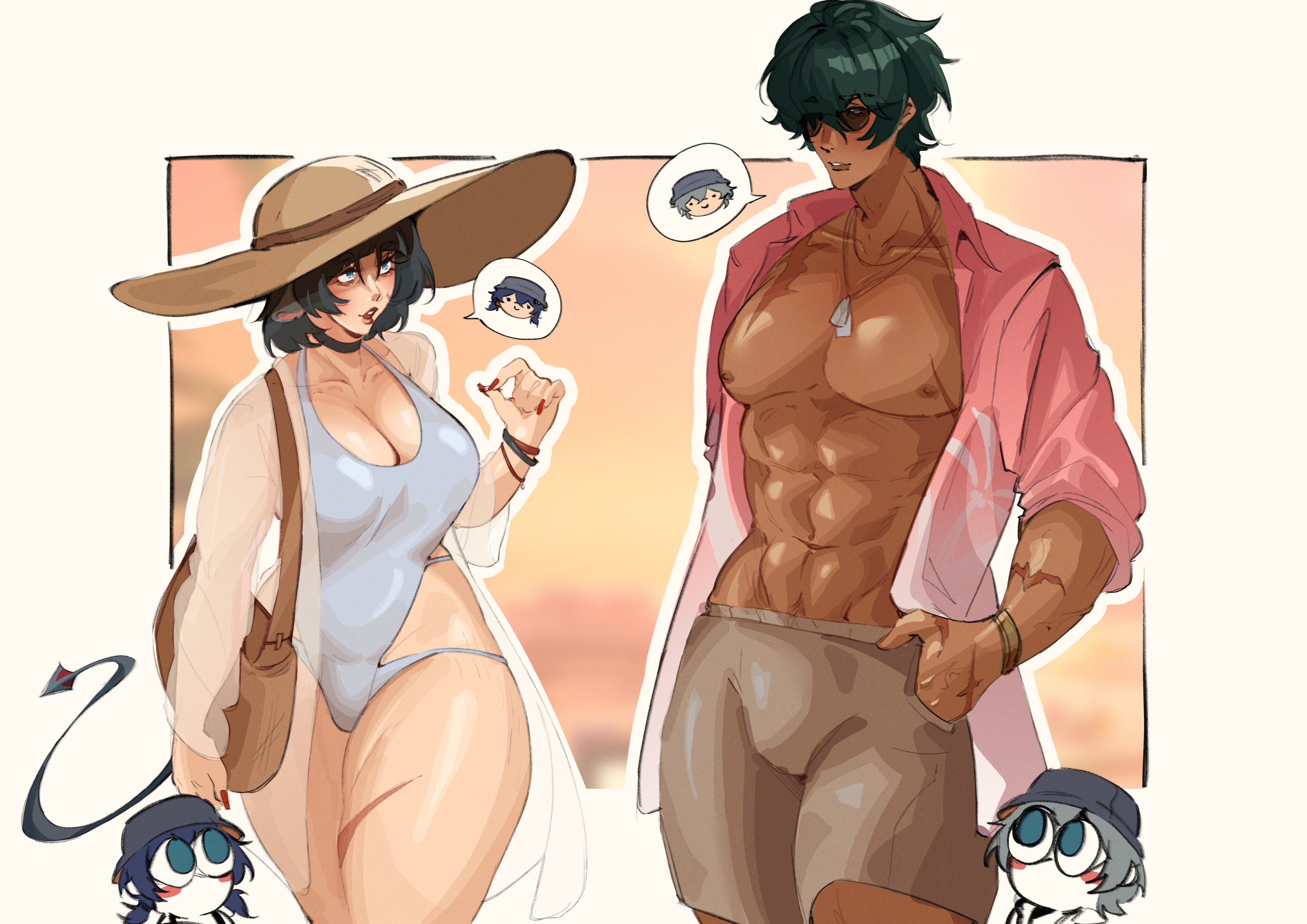1boy, 1girls, abs, absurd res, belle (summer skies) (zenless zone zero), belle (zenless zone zero), big breasts, blue hair, blush, breasts, bucket hat, cleavage, dark blue hair, duo, female, glasses, green eyes, grey hair, highres, hoyoverse, jane doe (zenless zone zero), large breasts, light skin, light-skinned female, lighter (zenless zone zero), male, muscular, muscular male, official alternate costume, one-piece swimsuit, shorts, standing, sunglasses, swimsuit, tan body, tan skin, tan-skinned male, thick thighs, voluptuous, wide hips, wise (peaceful waves) (zenless zone zero), wise (zenless zone zero), wktfrv47n, yaoi, yuri, zenless zone zero