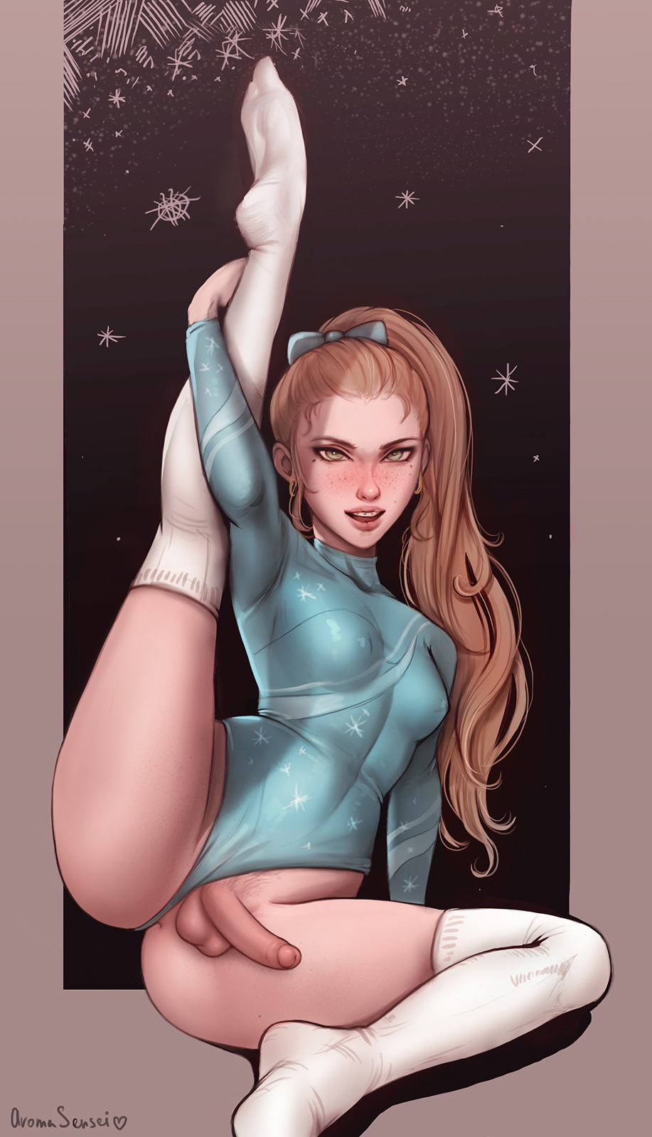 1futa, anus, areolae, aroma sensei, ass, balls, braces, erect nipples, erection, flat chest, foreskin, futa only, futa sans pussy, futanari, intersex, large ass, leg up, leotard, leotard aside, nipple bulge, nipples, original character, panties, penis, penis out, ponytail, pubic hair, realistic, solo, testicles, uncircumcised, uncut, wide hips