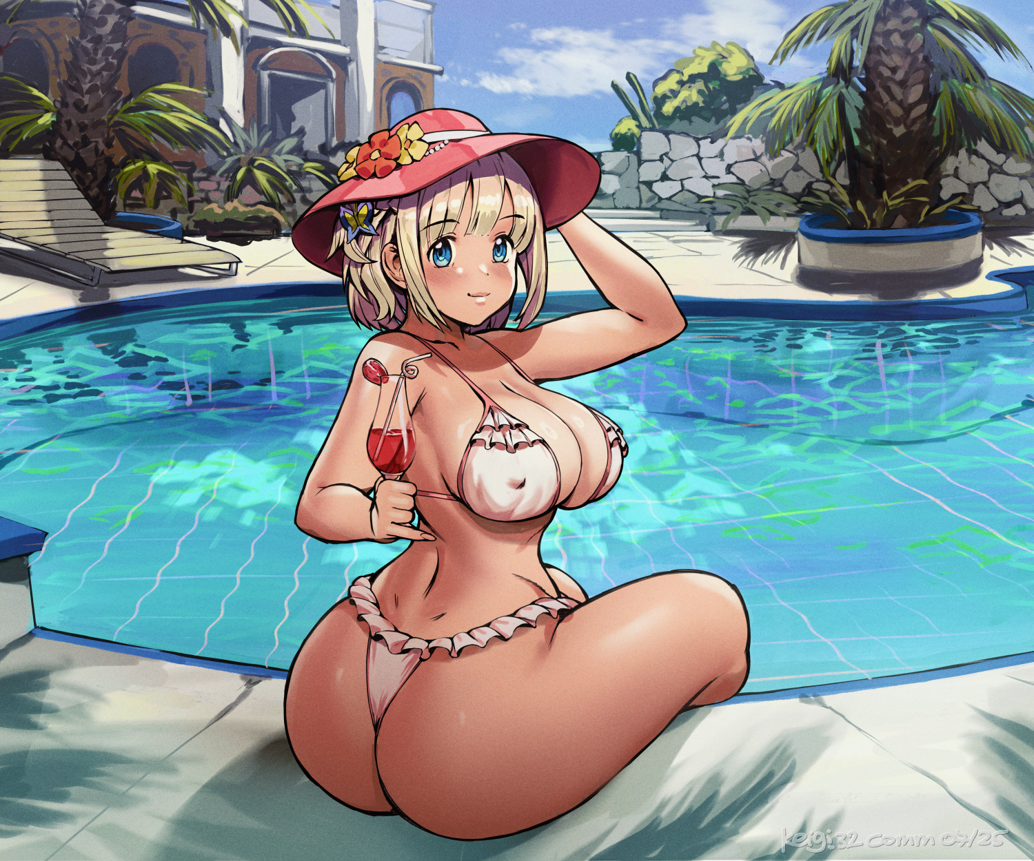 1girls, ass, big breasts, bikini, blonde hair, blue eyes, blush, breasts, butterfly hair ornament, cleavage, cocktail, commission, covered nipples, dimples of venus, female, frilled bikini, hinai paulette, keigi (artist), large breasts, looking at viewer, looking back, maitetsu, pink bikini, pinky out, pool, poolside, red hat, short hair, sideboob, smile, soaking feet, solo, spaghetti strap, sun hat, tan body, thick thighs, thong bikini, twisted torso, underboob