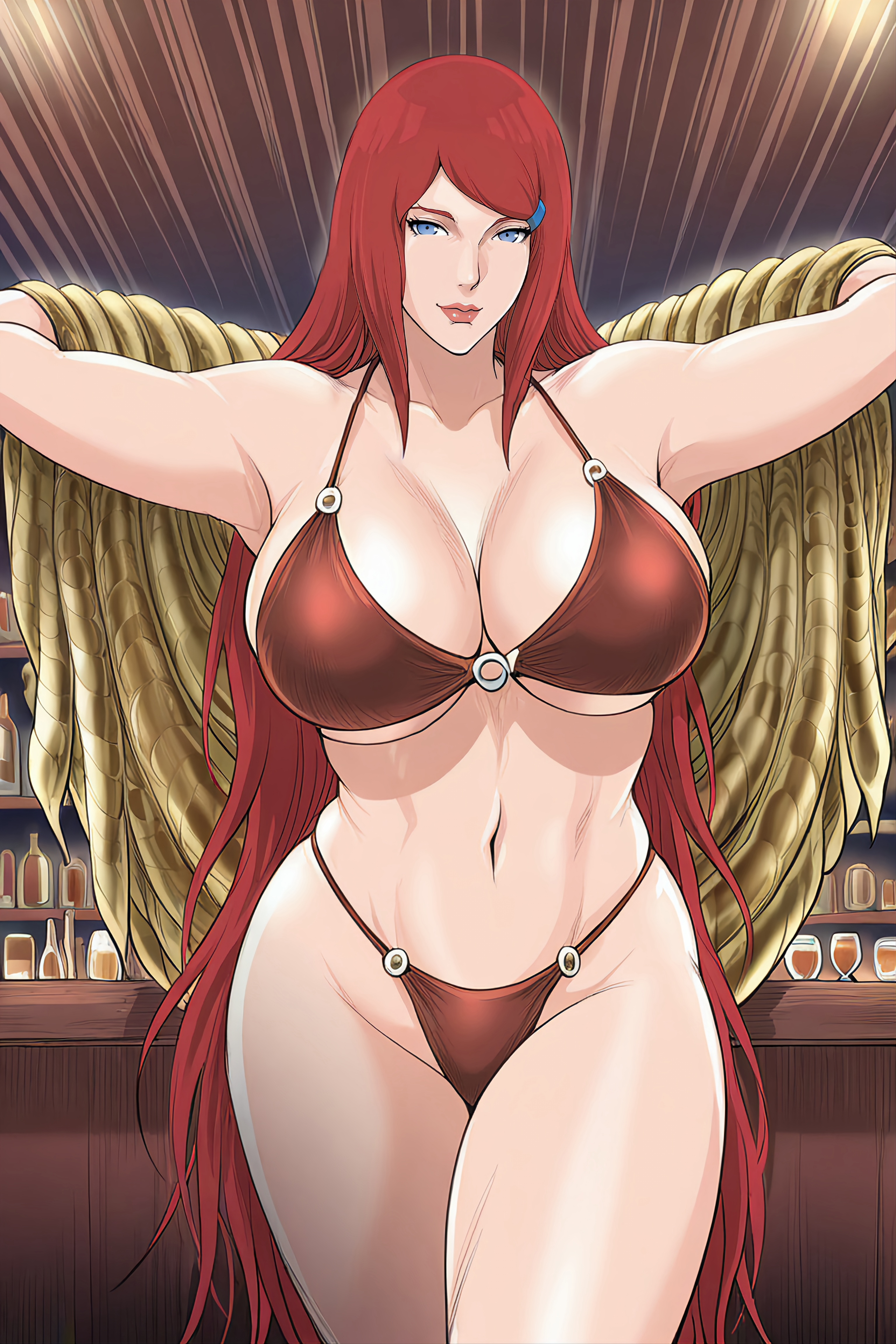 ai generated, bikini, blue eyes, female, hot spring, naruto, naruto (series), red hair, uzumaki kushina