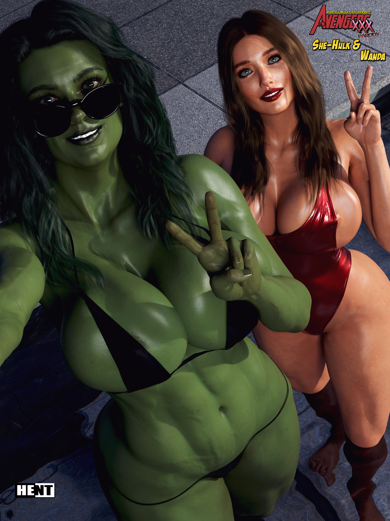 2girls, 3d, avengers, big ass, big breasts, big thighs, breasts, curvaceous, curvy, curvy figure, digital media (artwork), elizabeth olsen, female, green body, green skin, green-skinned female, hent, hips, hourglass figure, huge ass, huge breasts, huge thighs, hulk (series), jennifer walters, large ass, large breasts, large thighs, legs, light skin, light-skinned female, marvel, marvel comics, mature, mature female, scarlet witch, she-hulk, slim waist, sorceress, thick, thick hips, thick legs, thick thighs, thighs, voluptuous, waist, wanda maximoff, wide hips, wide thighs, witch, x-men