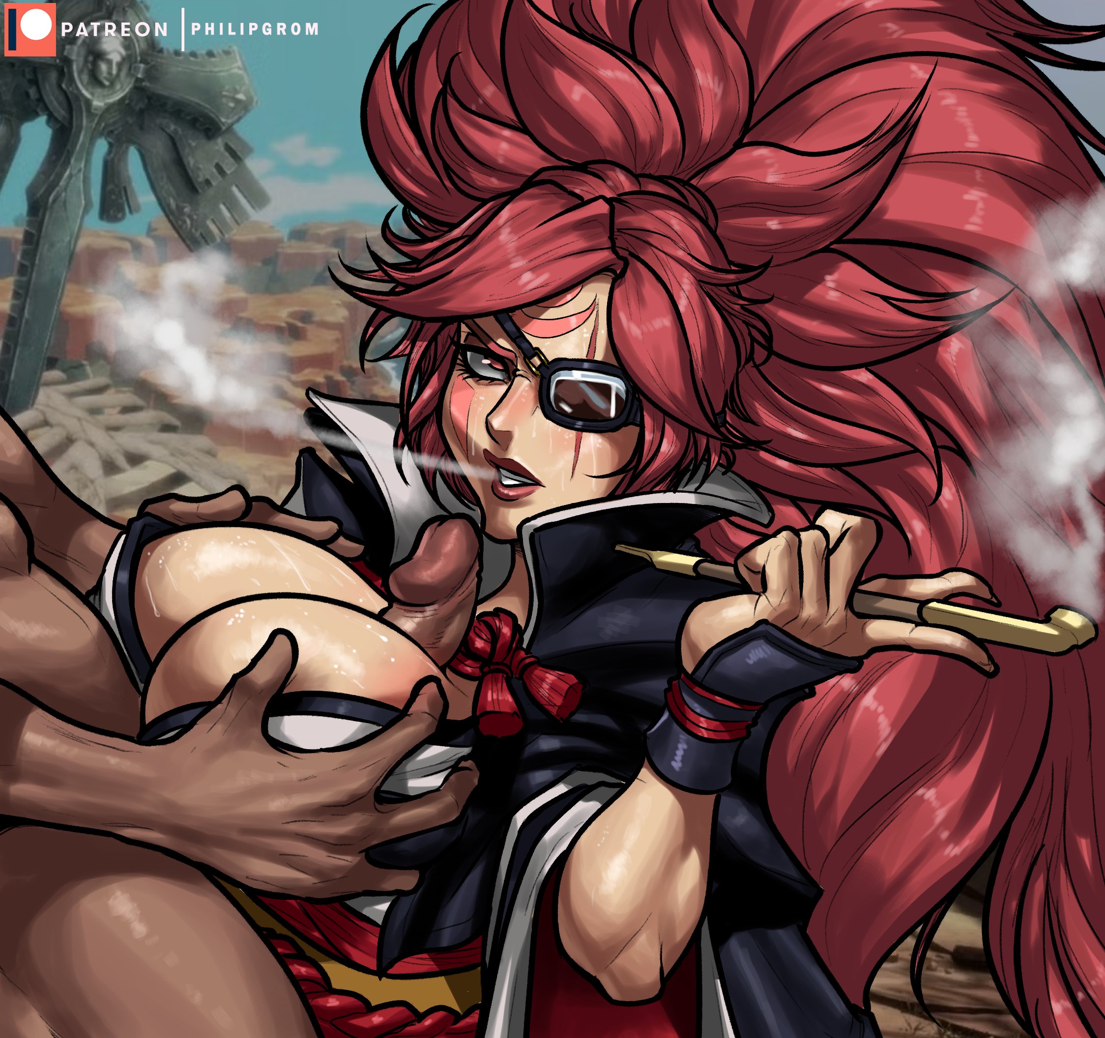 1boy, 1girls, 2d, baiken, breasts, busty, female, female focus, guilty gear, hourglass figure, male, paizuri, partial male, penis, philipgrom, sex, tagme