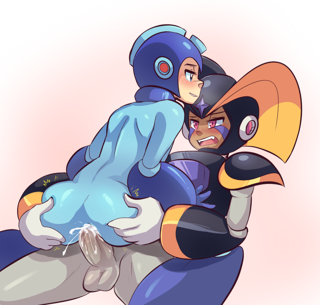 2boys anal anus armor ass bass_(mega_man) big_ass blush bottomless cowgirl_position cum drcockula gay latex mega_man mega_man(classic) mega_man_(character) nude penis robot yaoi