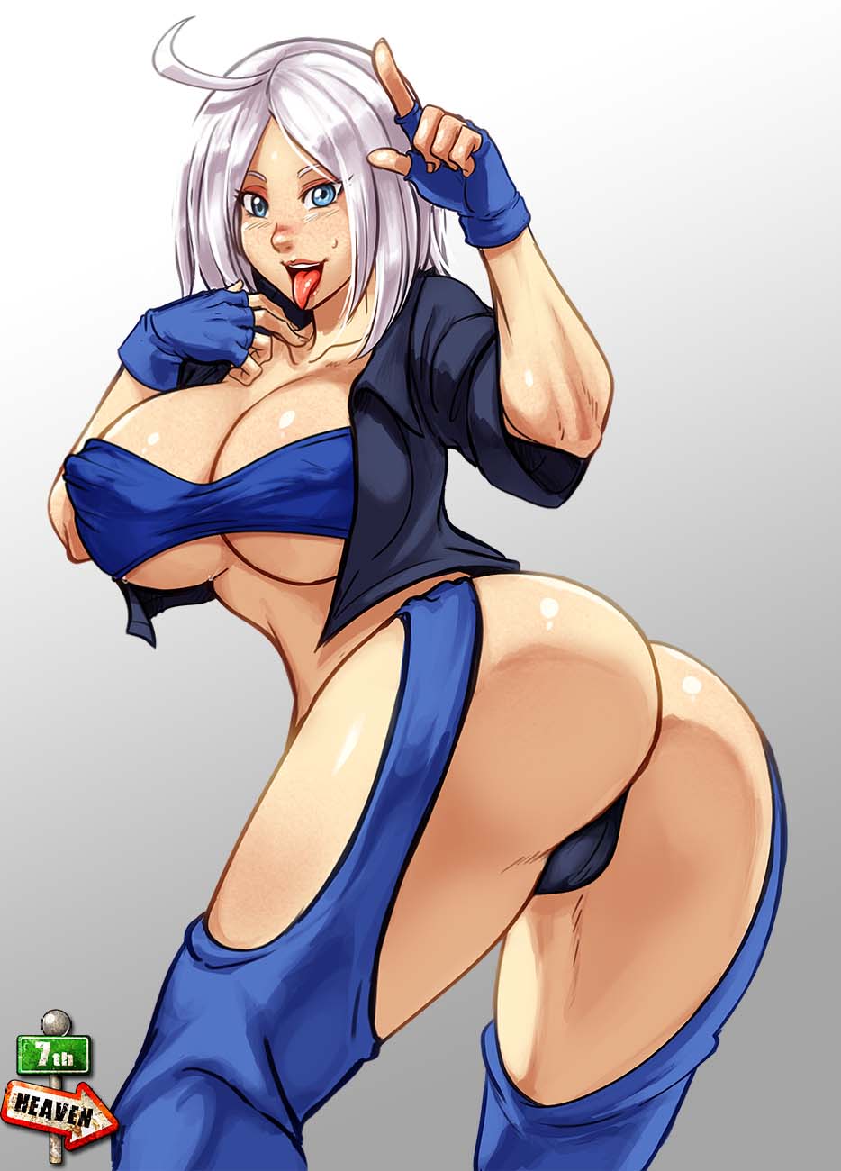 7th-heaven, angel (kof), ass, big breasts, breasts, cameltoe, cleavage, erect nipples, female, female only, king of fighters, large breasts, looking at viewer, looking back, nipples, open mouth, panties, pussy, solo, tongue, tongue out